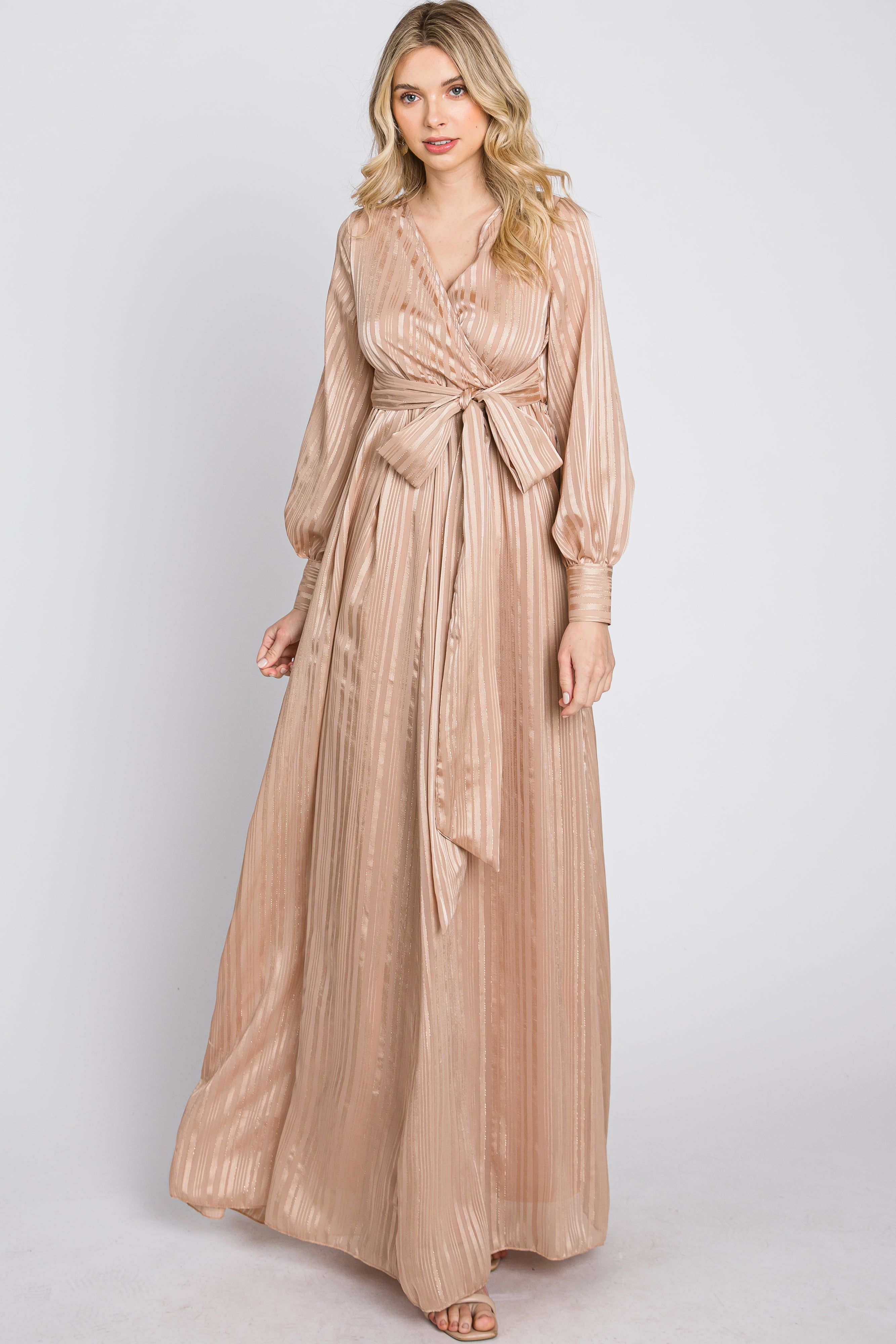 Taupe Striped Shimmer Chiffon Maxi Dress sold by Pinkblush product image thumbnail 3