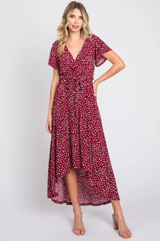 Burgundy Printed High-Low Hem Wrap Dress sold by Pinkblush