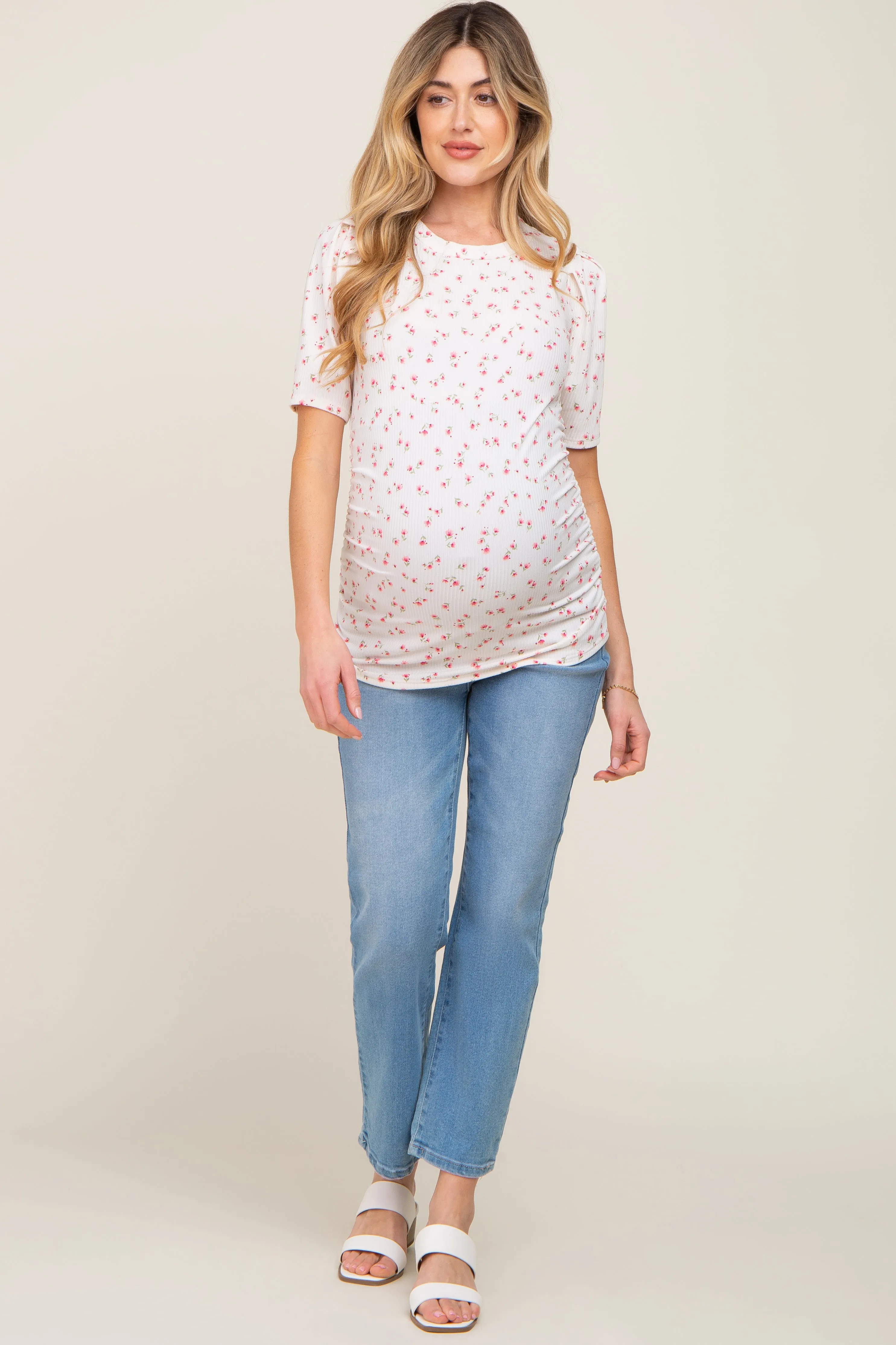 Ivory Floral Side Ruched Maternity Short Sleeve Top sold by Pinkblush product image thumbnail 4