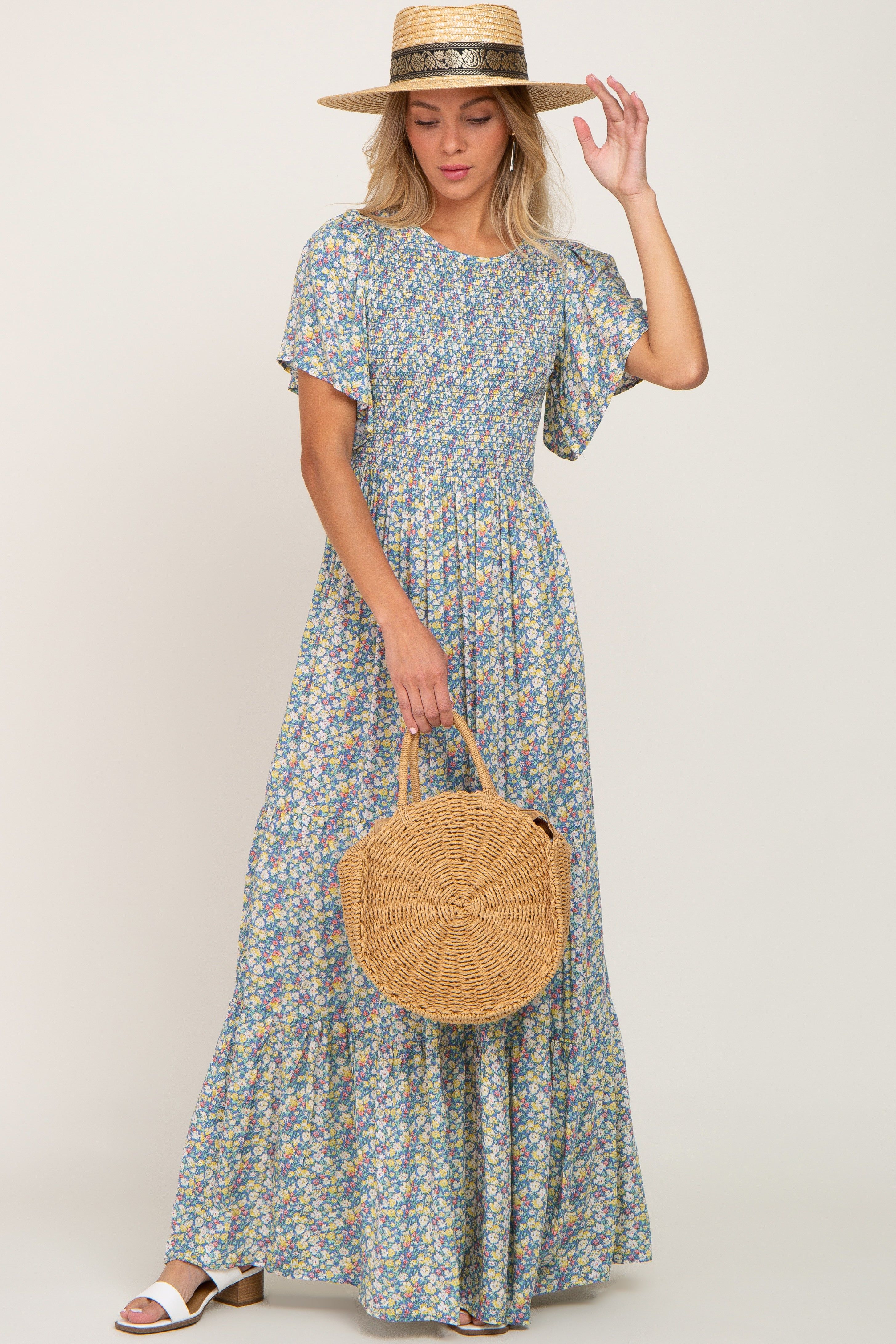 Blue Floral Smocked Tiered Maxi Dress sold by Pinkblush product image thumbnail 4