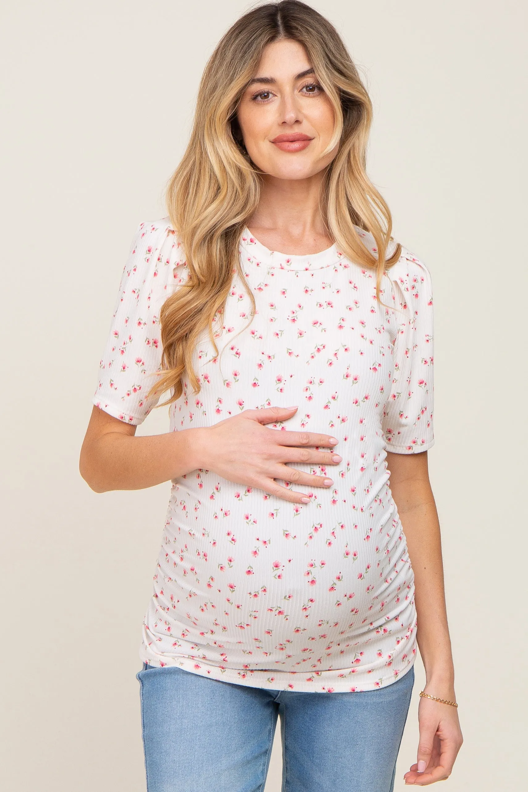 Ivory Floral Side Ruched Maternity Short Sleeve Top sold by Pinkblush