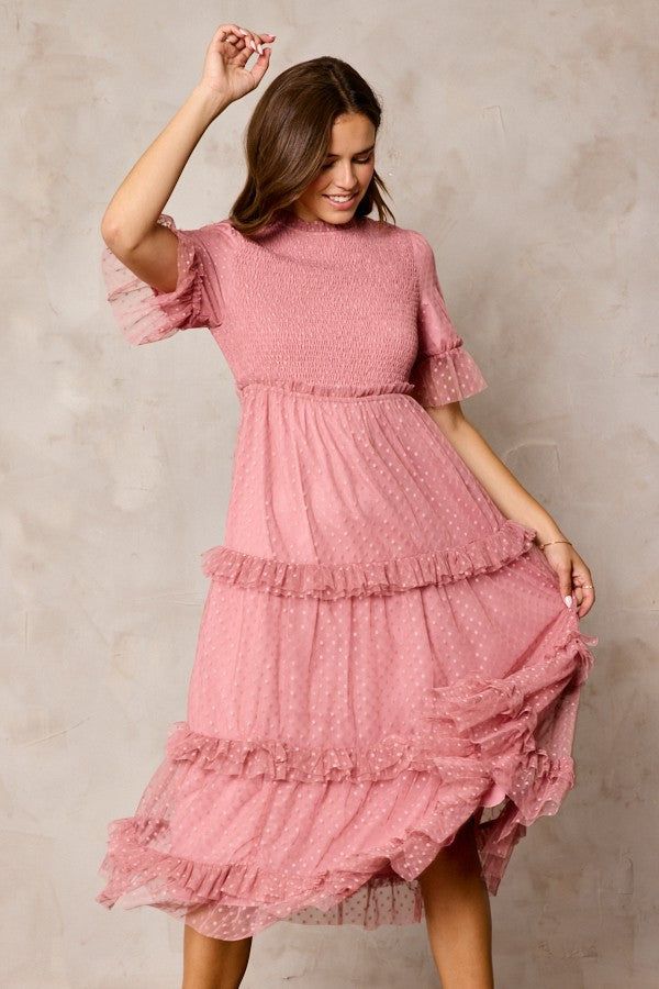 Pink Polka Dot Tulle Smocked Midi Dress sold by Pinkblush product image thumbnail 4