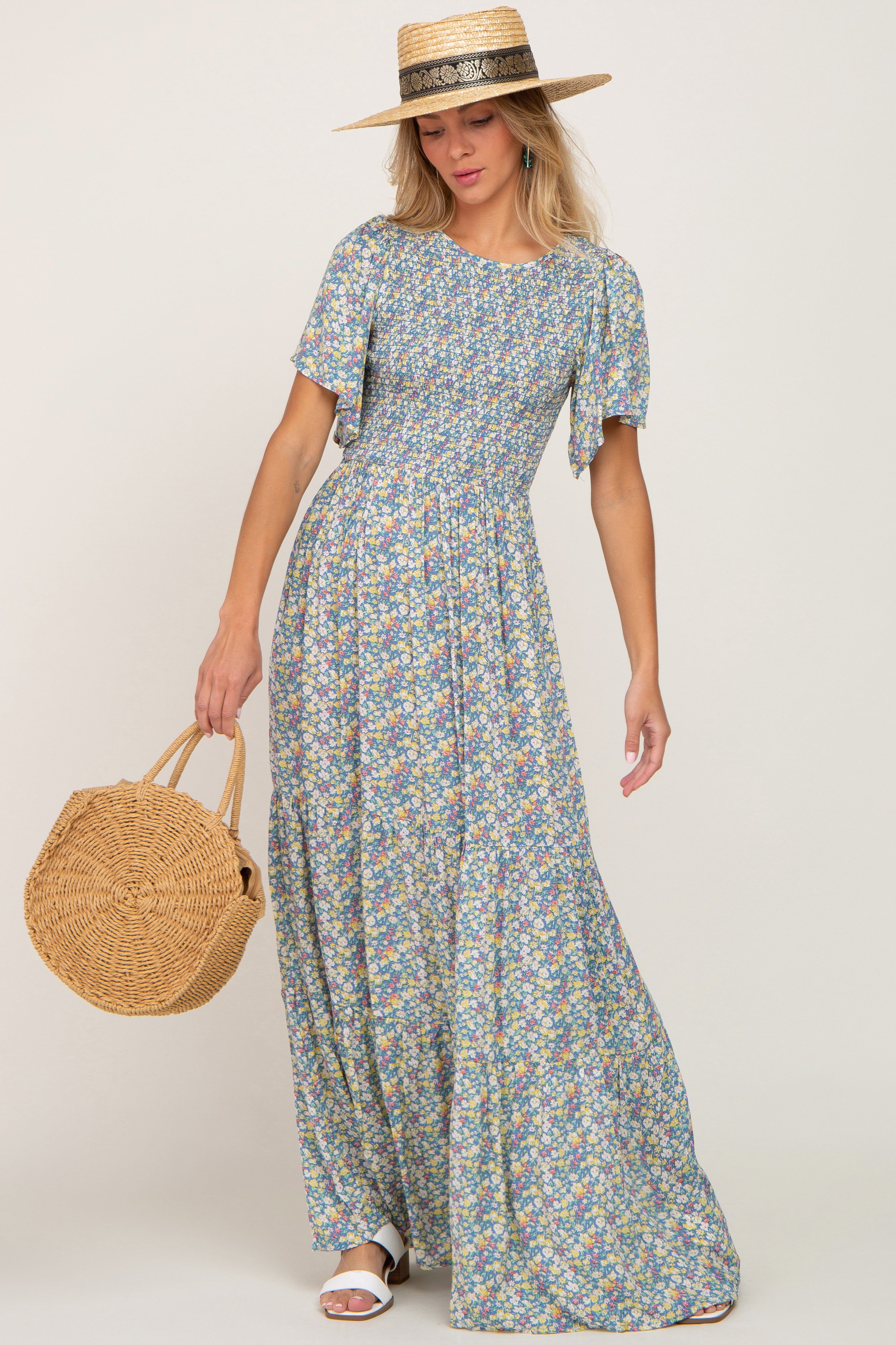 Blue Floral Smocked Tiered Maxi Dress sold by Pinkblush