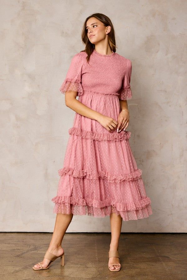 Pink Polka Dot Tulle Smocked Midi Dress sold by Pinkblush