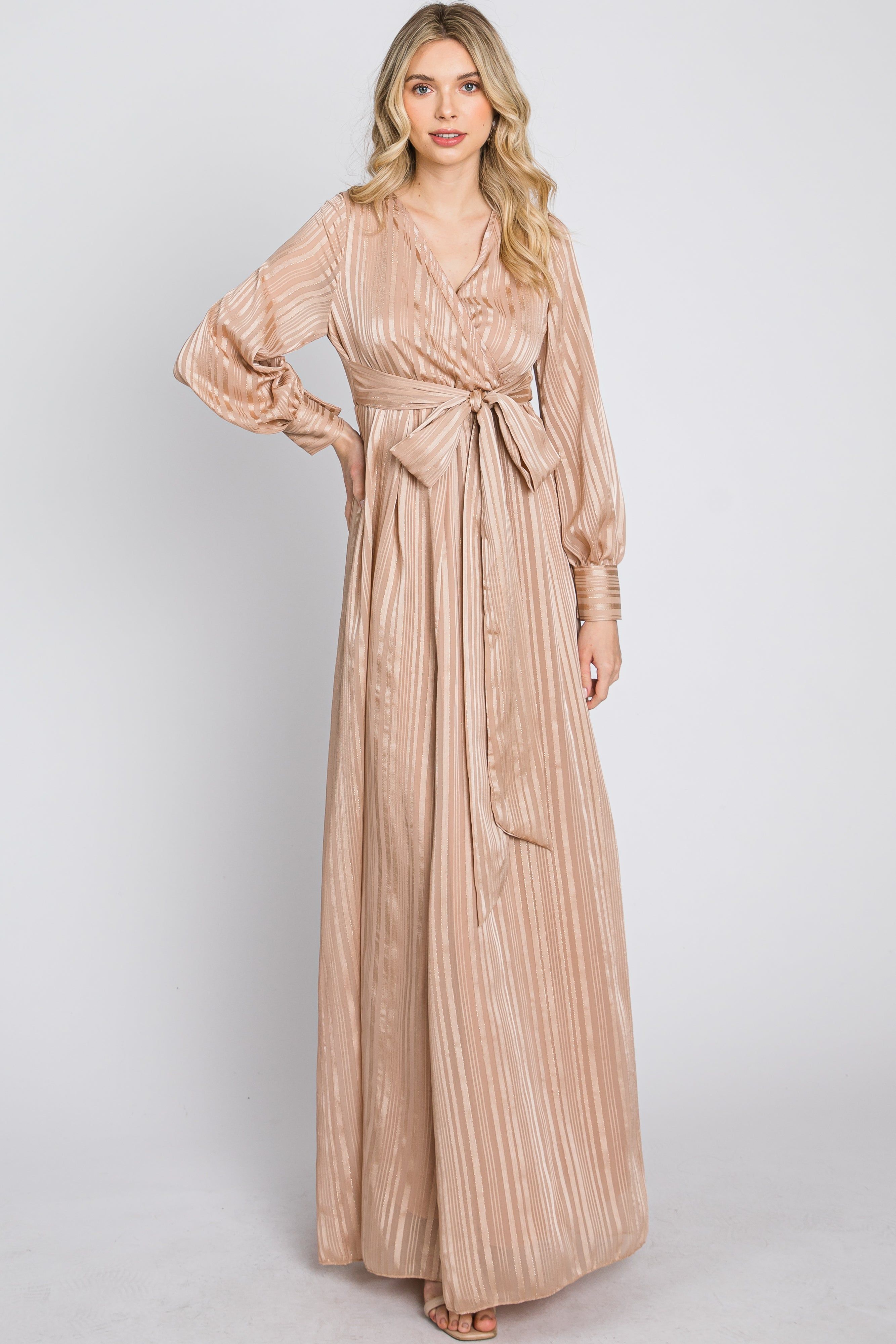 Taupe Striped Shimmer Chiffon Maxi Dress sold by Pinkblush product image thumbnail 4