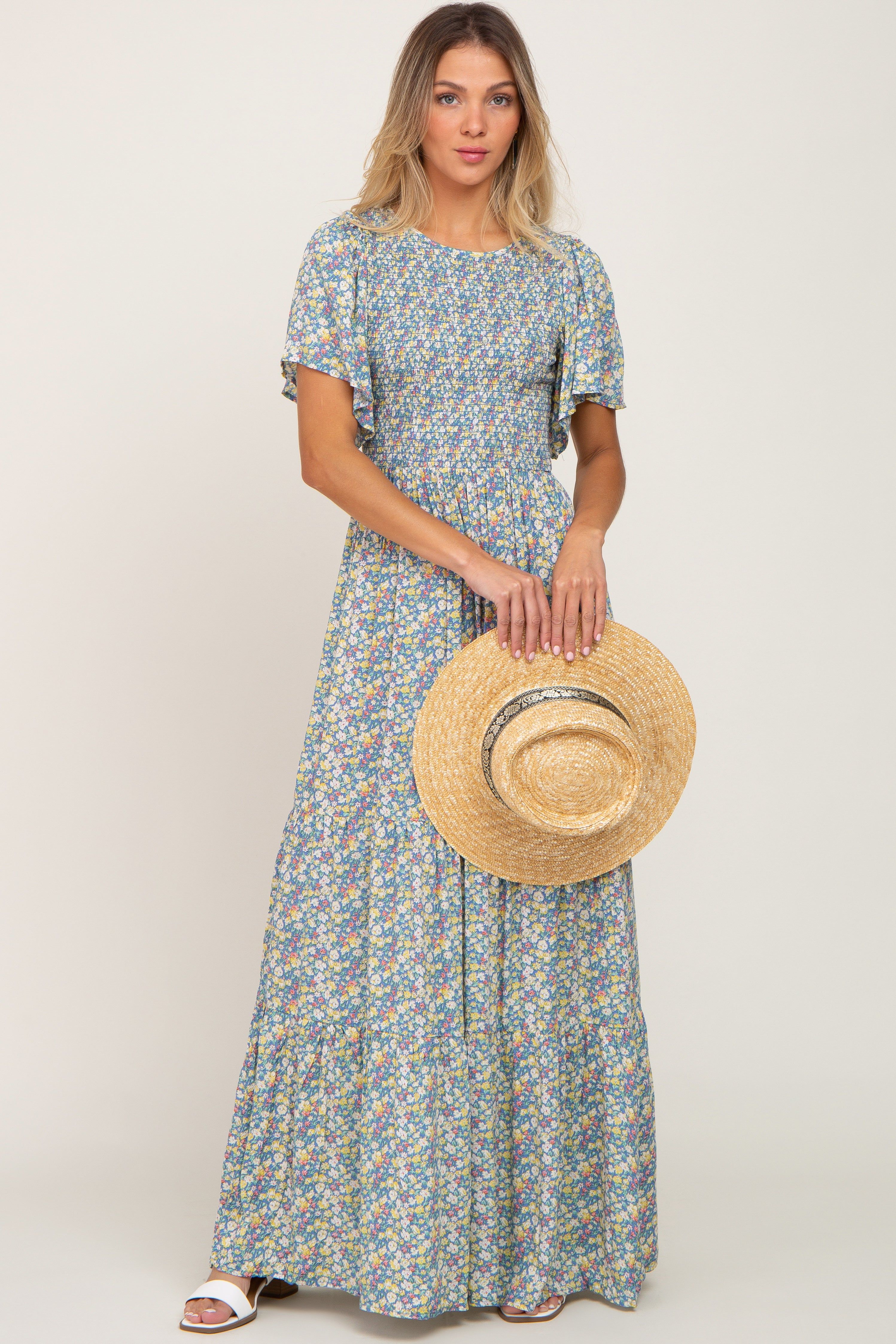 Blue Floral Smocked Tiered Maxi Dress sold by Pinkblush product image thumbnail 5