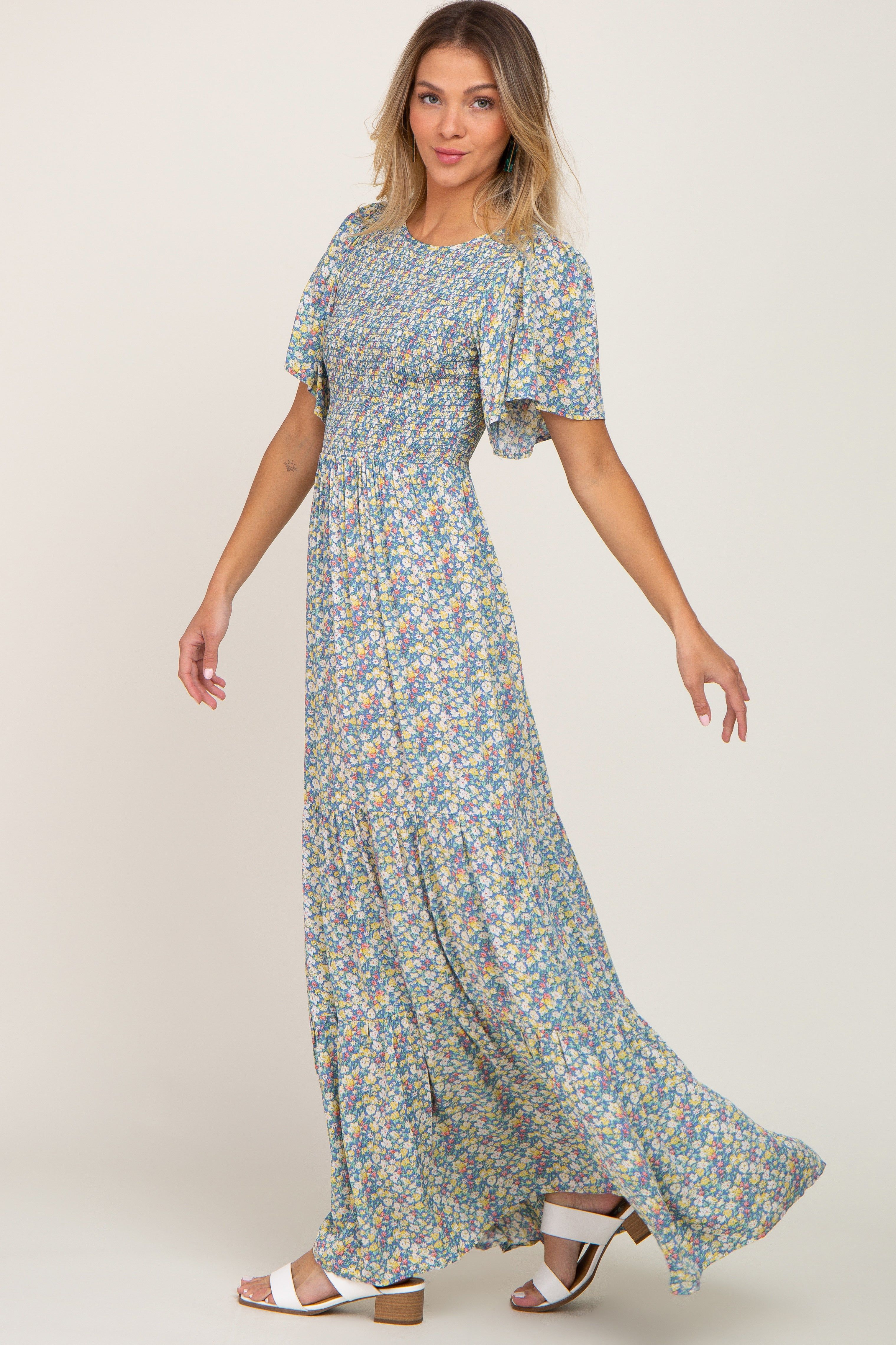 Blue Floral Smocked Tiered Maxi Dress sold by Pinkblush product image thumbnail 2
