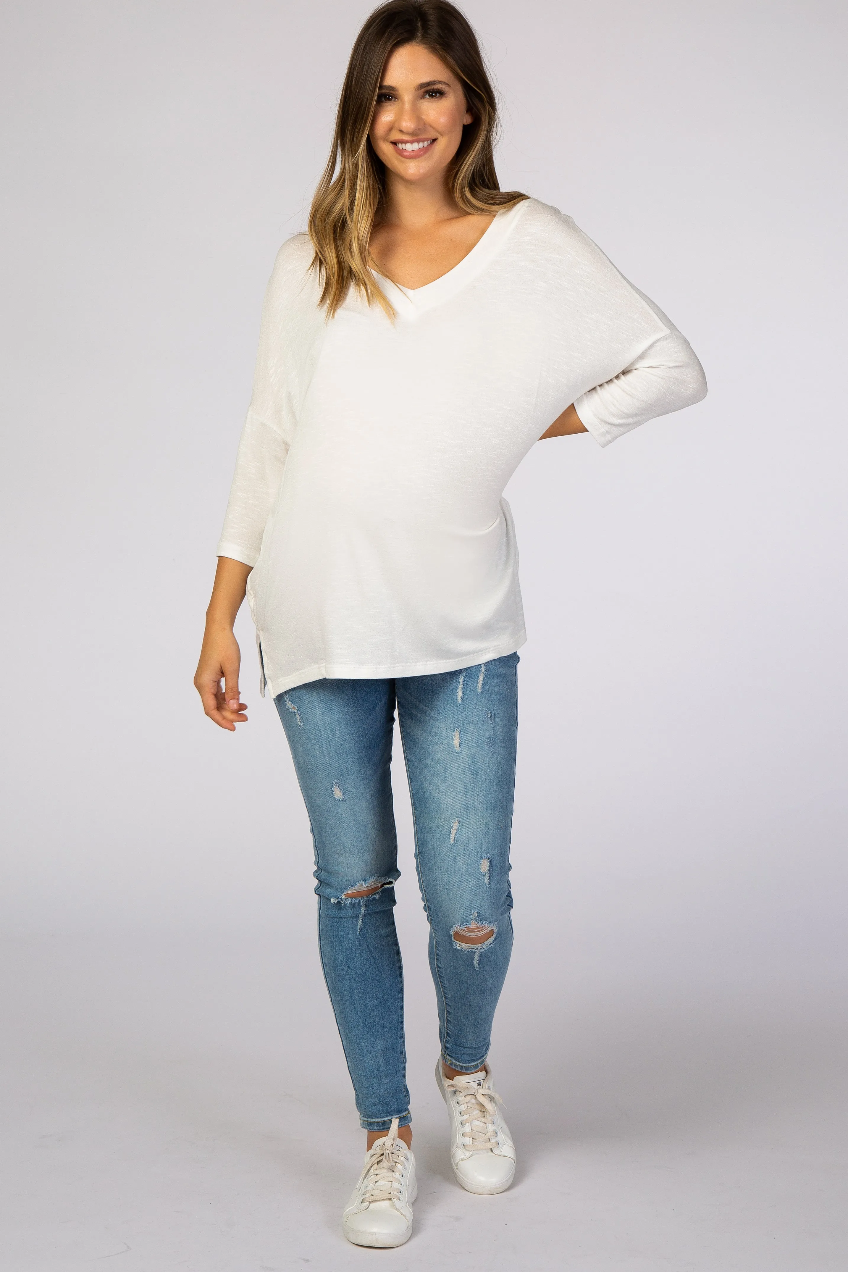 White V-Neck Dolman Sleeve Maternity Top sold by Pinkblush product image thumbnail 4