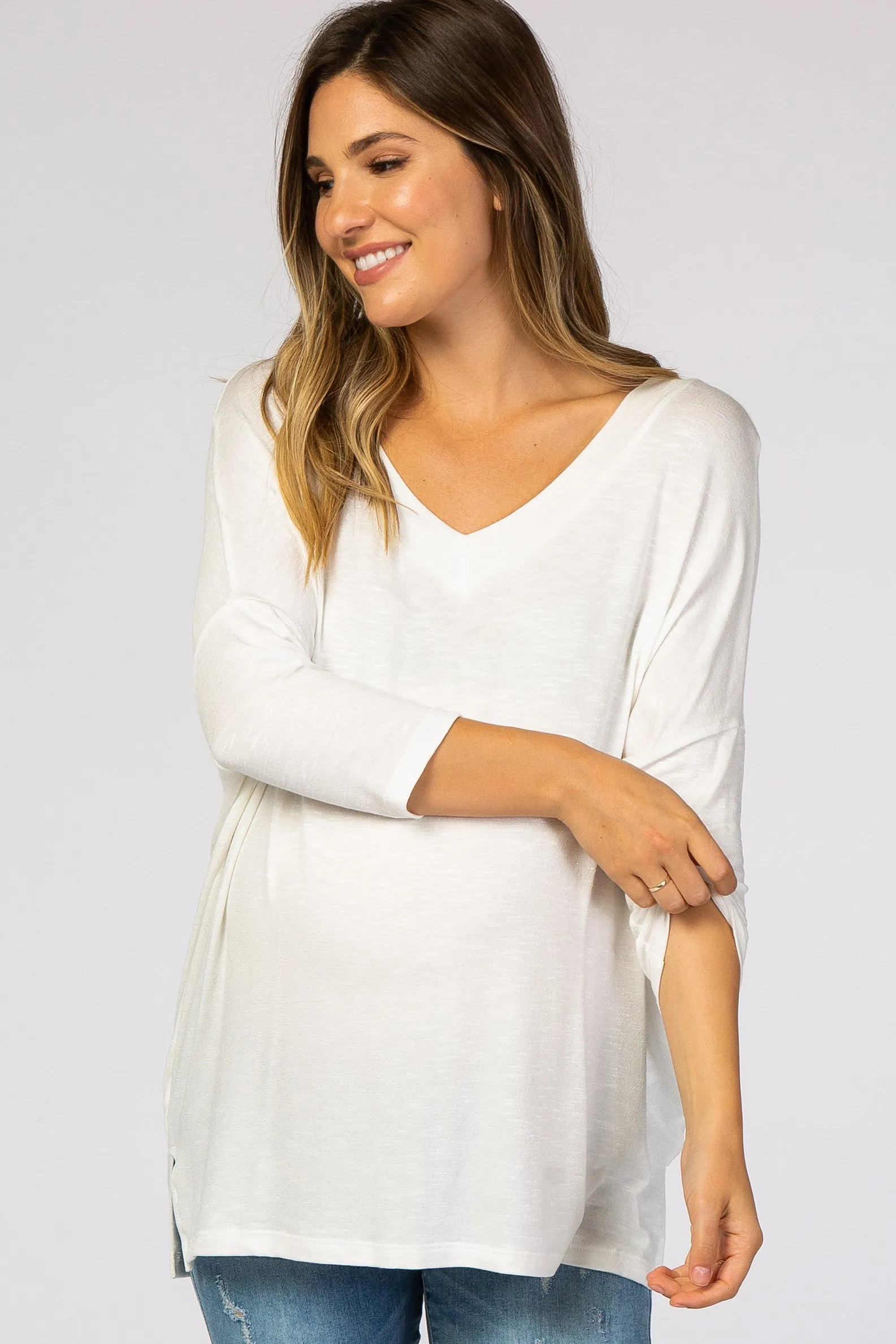 White V-Neck Dolman Sleeve Maternity Top sold by Pinkblush