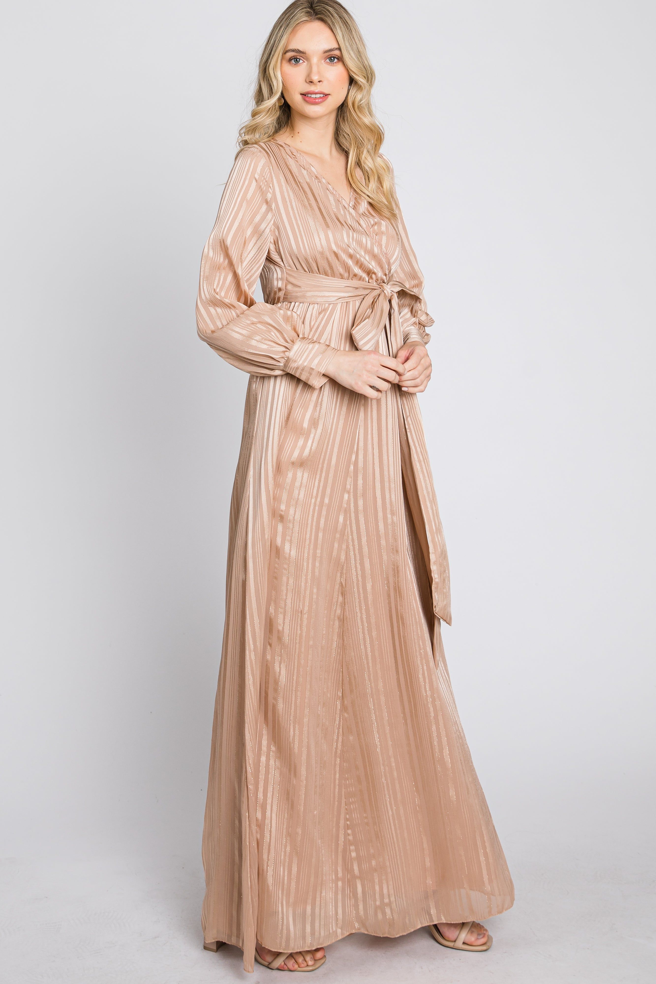 Taupe Striped Shimmer Chiffon Maxi Dress sold by Pinkblush product image thumbnail 5