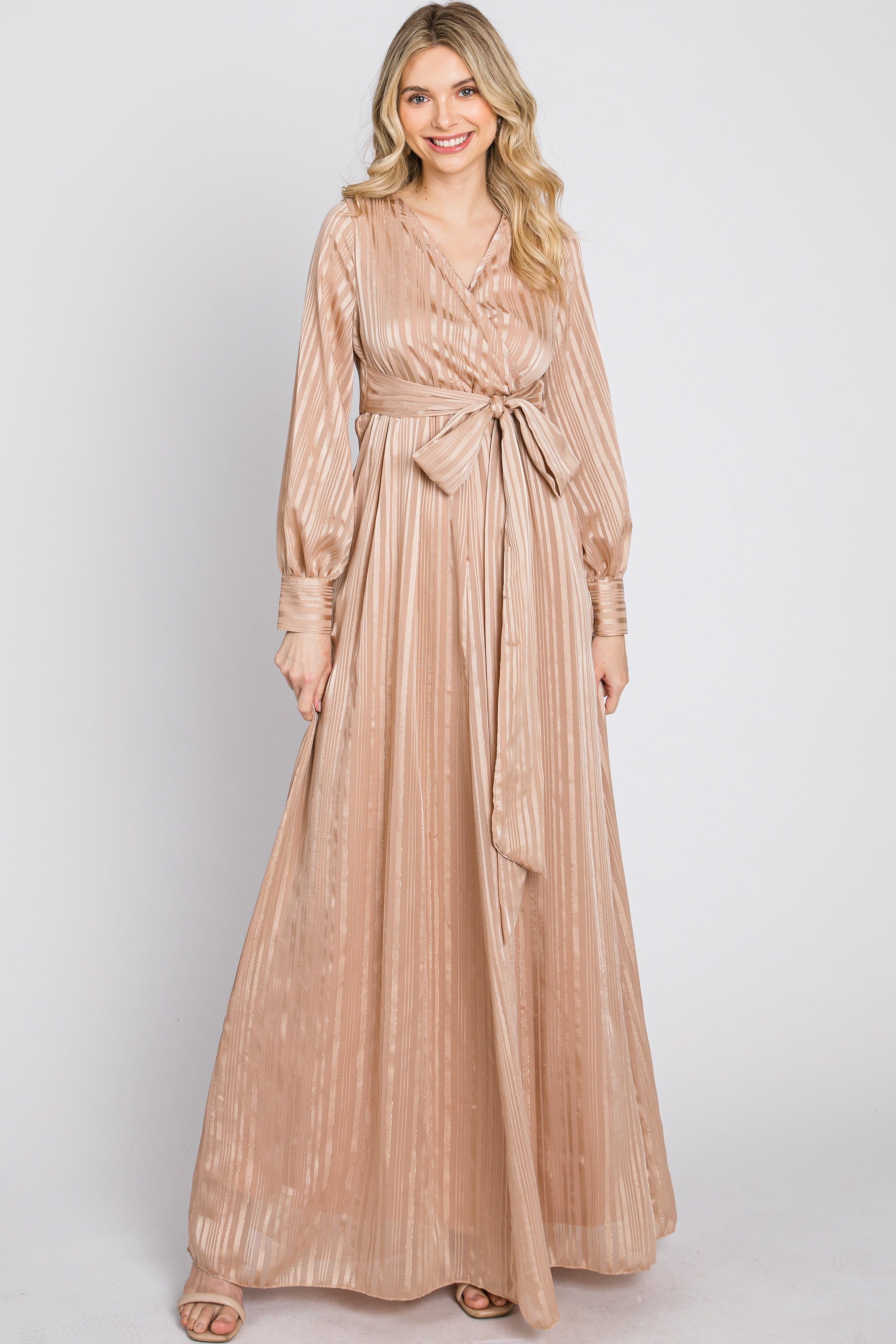 Taupe Striped Shimmer Chiffon Maxi Dress sold by Pinkblush product image thumbnail 2