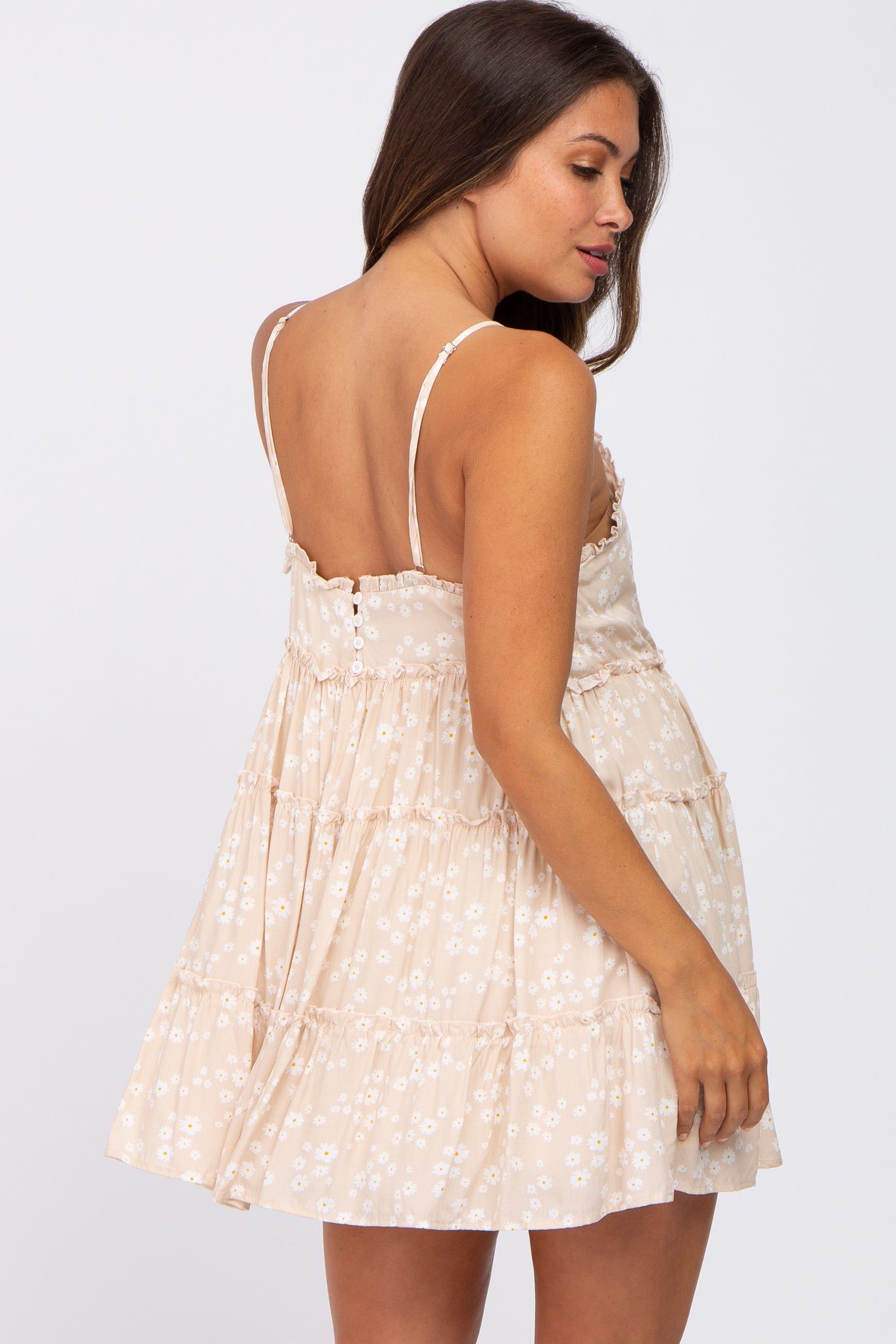 Beige Floral Sleeveless Tiered Maternity Mini Dress sold by Pinkblush product image thumbnail 3