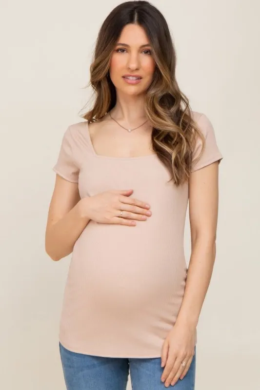 Taupe Ribbed Squared Neck Cap Sleeve Maternity Top sold by Pinkblush