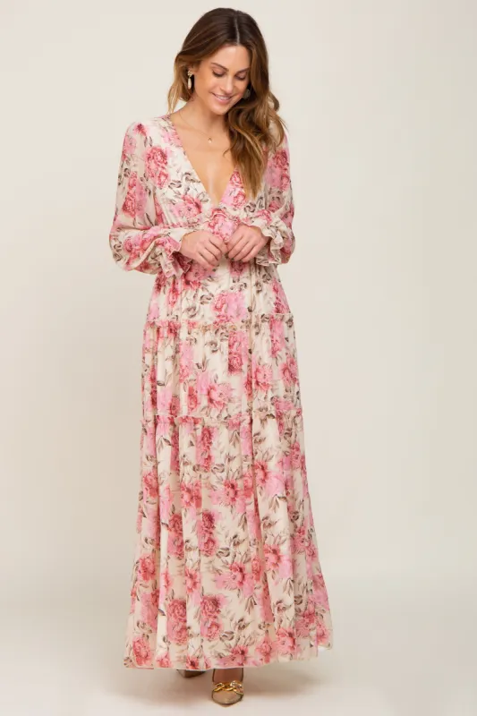 Ivory Floral Chiffon Ruffle Tiered Maxi Dress sold by Pinkblush