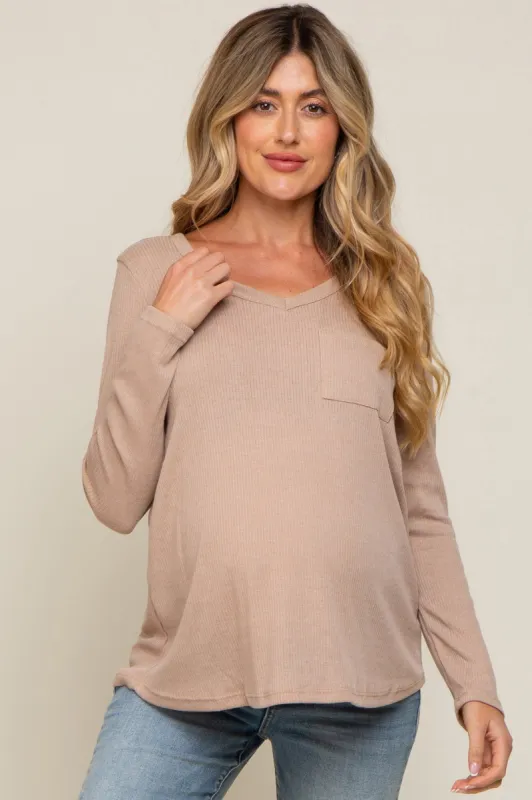 Beige Ribbed Knit Maternity Long Sleeve Top sold by Pinkblush