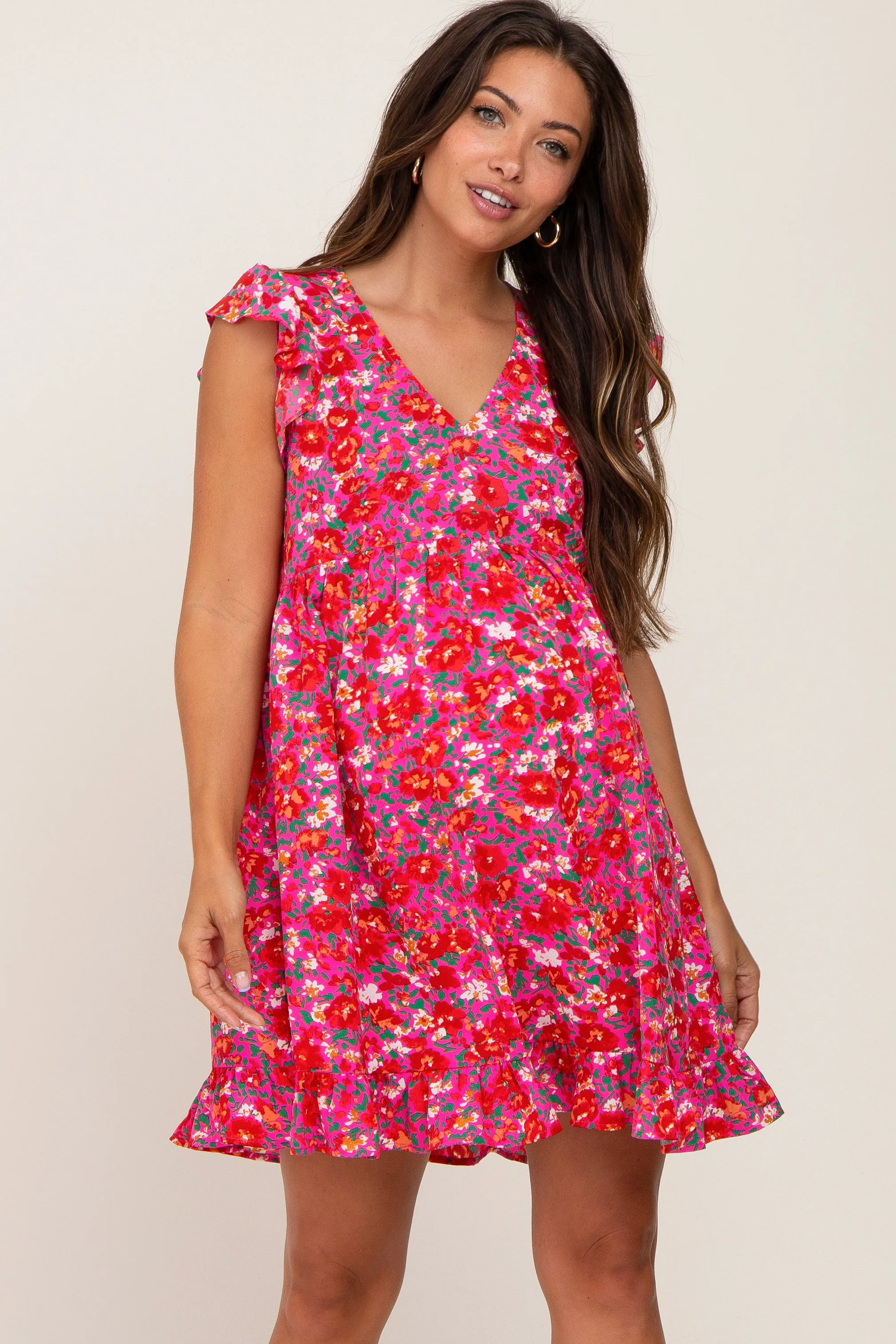 Fuchsia Floral Ruffle Accent Maternity Dress sold by Pinkblush
