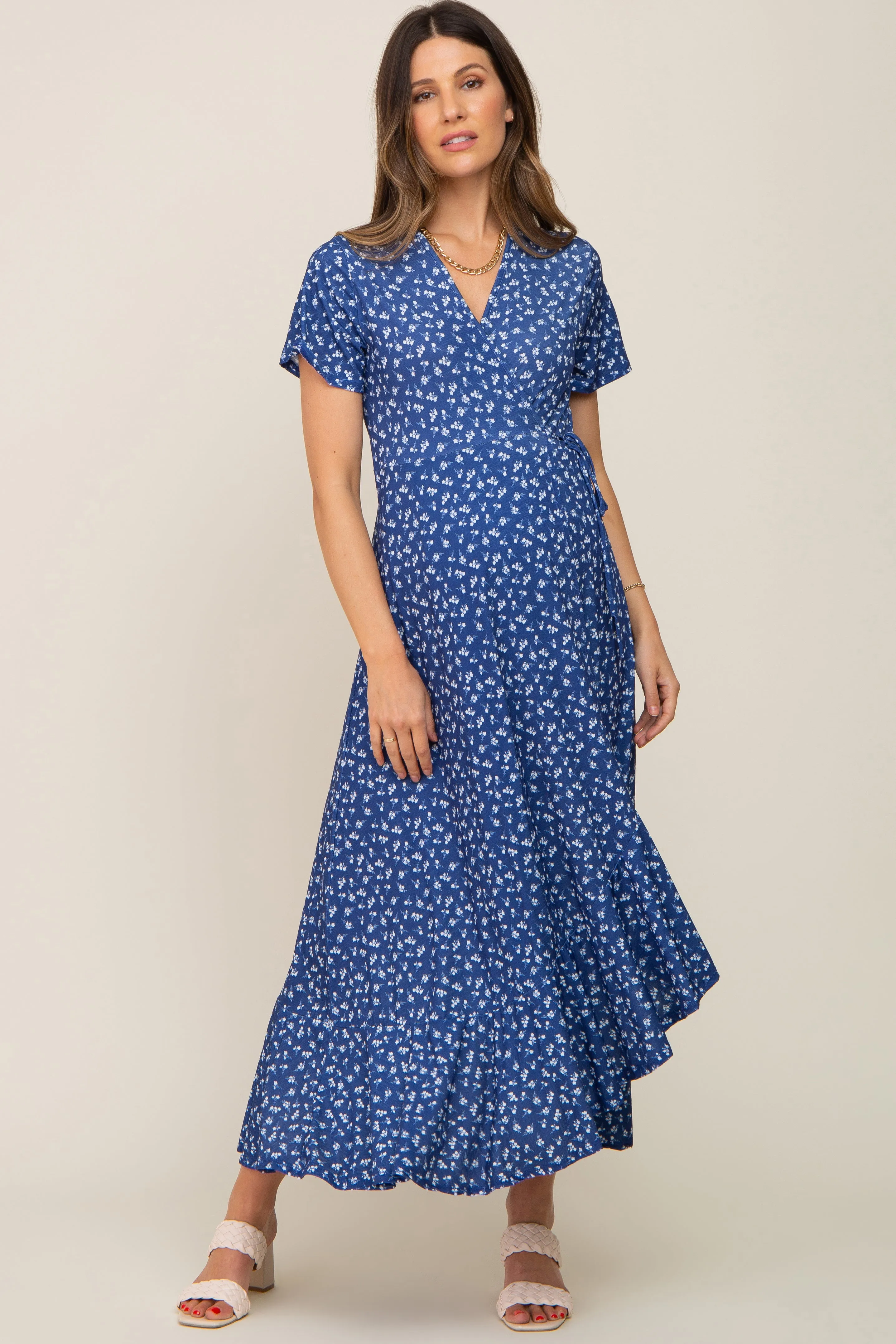Navy Blue Floral Wrap Front V-Neck Short Sleeve Maternity Midi Dress sold by Pinkblush product image thumbnail 4