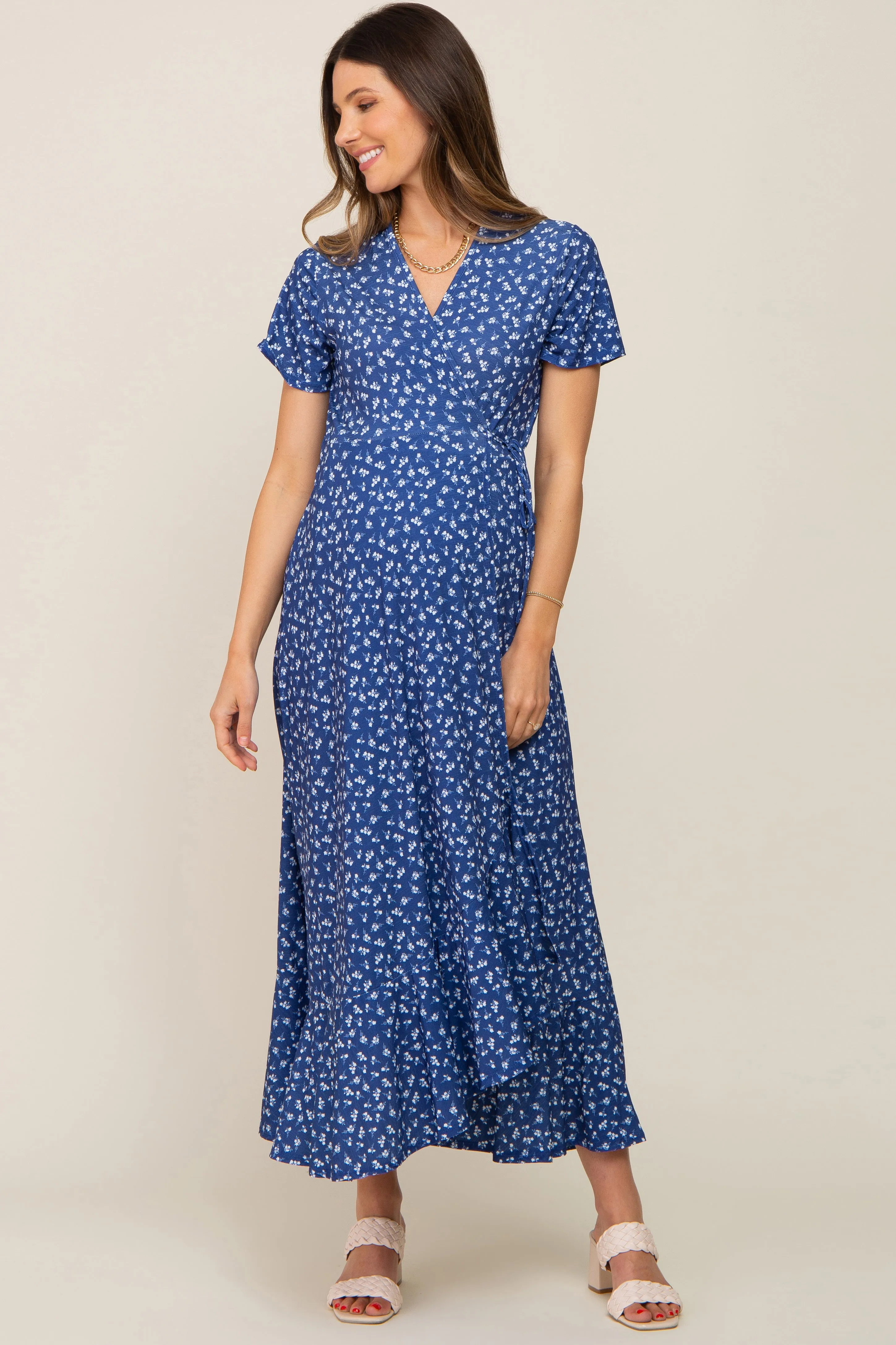 Navy Blue Floral Wrap Front V-Neck Short Sleeve Maternity Midi Dress sold by Pinkblush