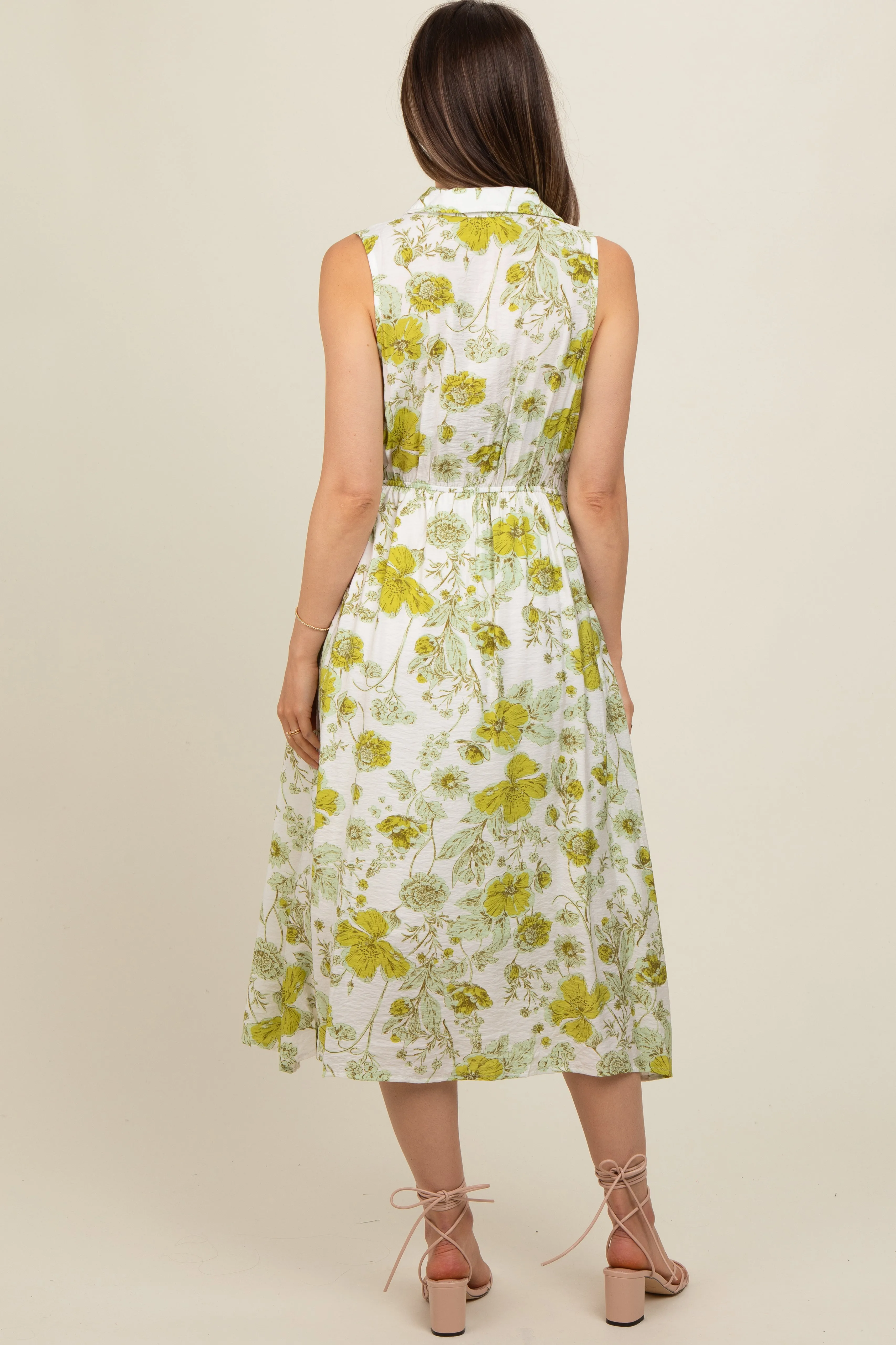 Green Floral Printed Sleeveless Maternity Midi Shirt Dress sold by Pinkblush product image thumbnail 3