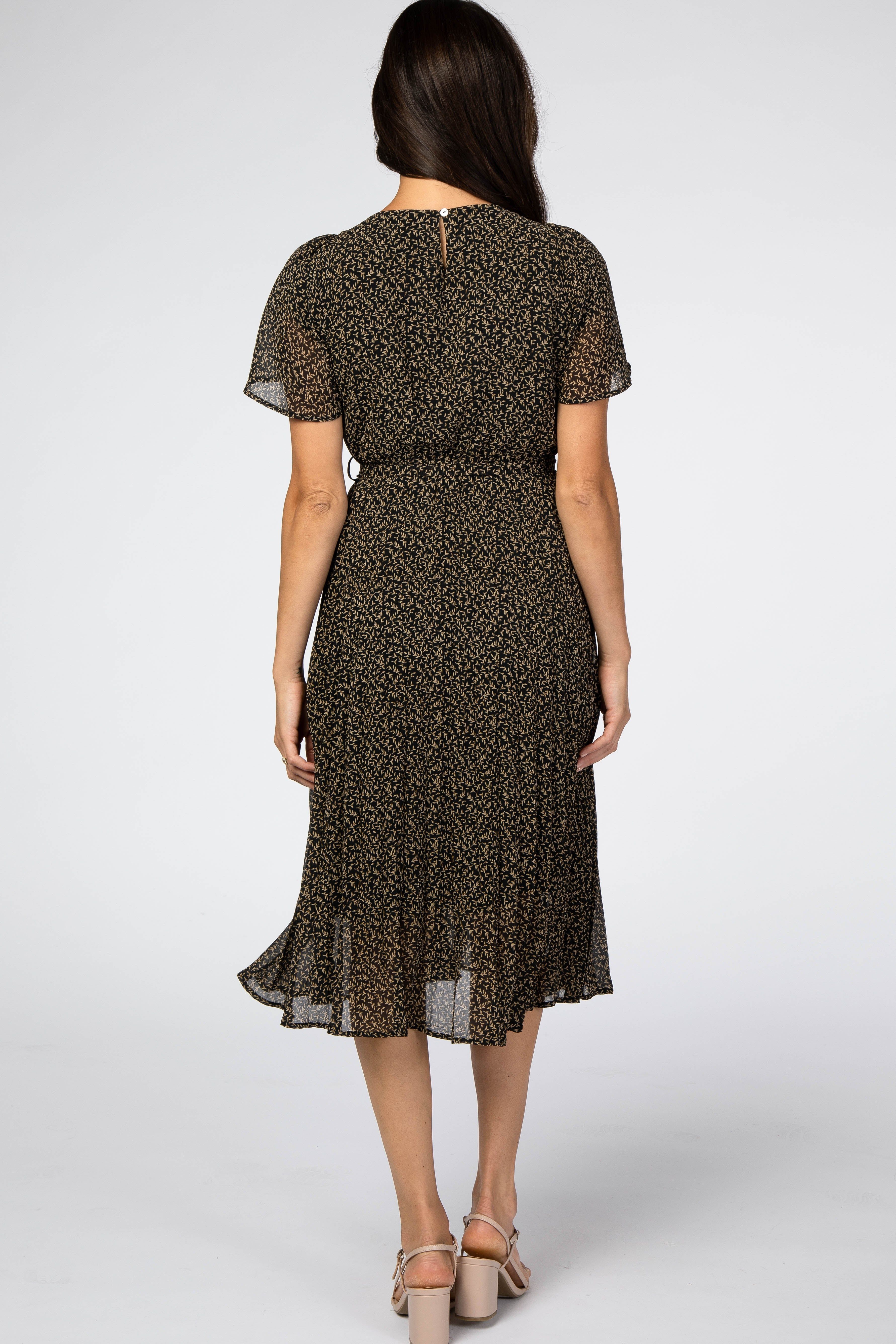 Black Leaf Print Pleated Midi Dress sold by Pinkblush product image thumbnail 3