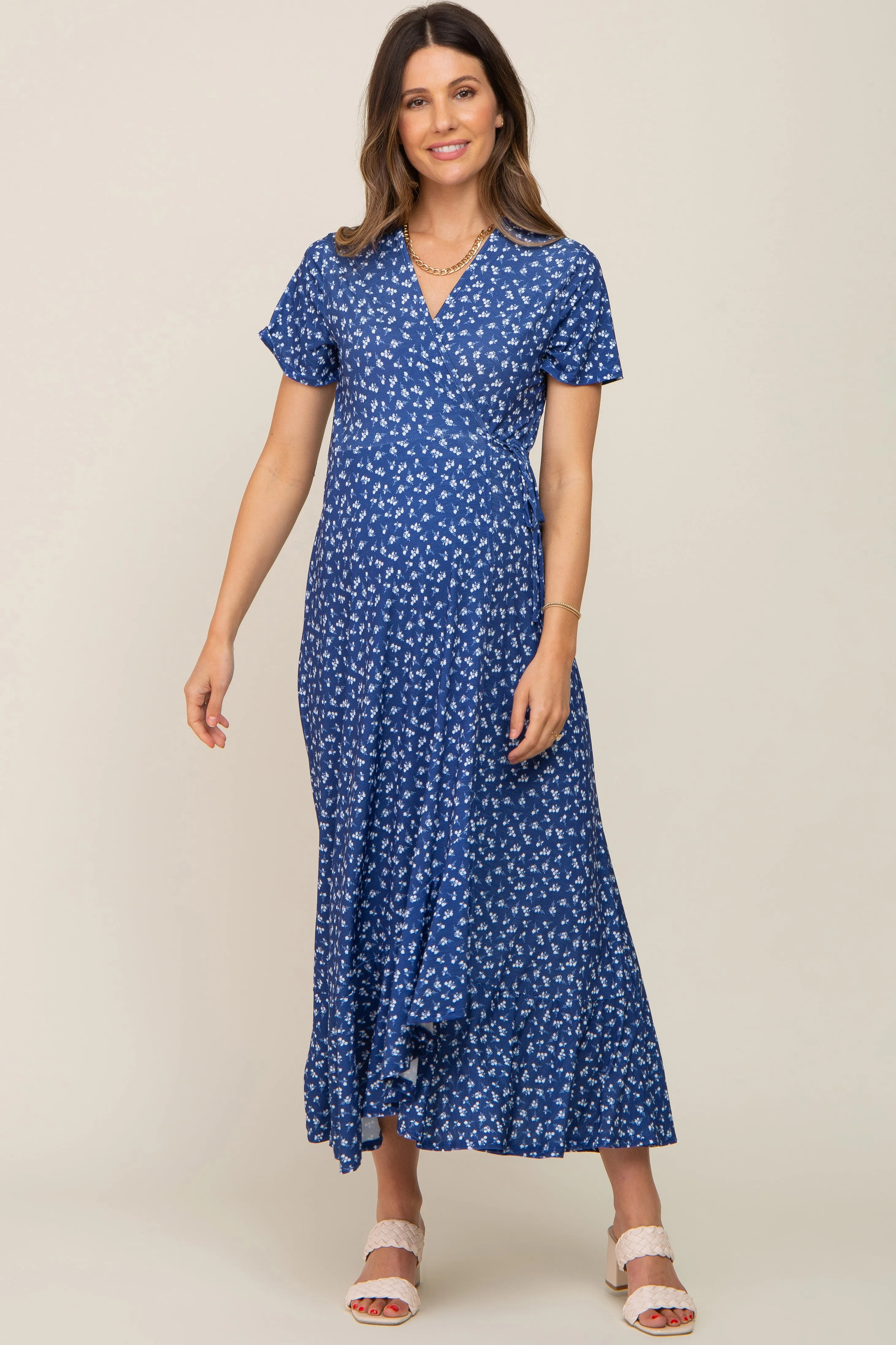 Navy Blue Floral Wrap Front V-Neck Short Sleeve Maternity Midi Dress sold by Pinkblush product image thumbnail 5