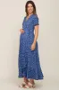 Navy Blue Floral Wrap Front V-Neck Short Sleeve Maternity Midi Dress sold by Pinkblush