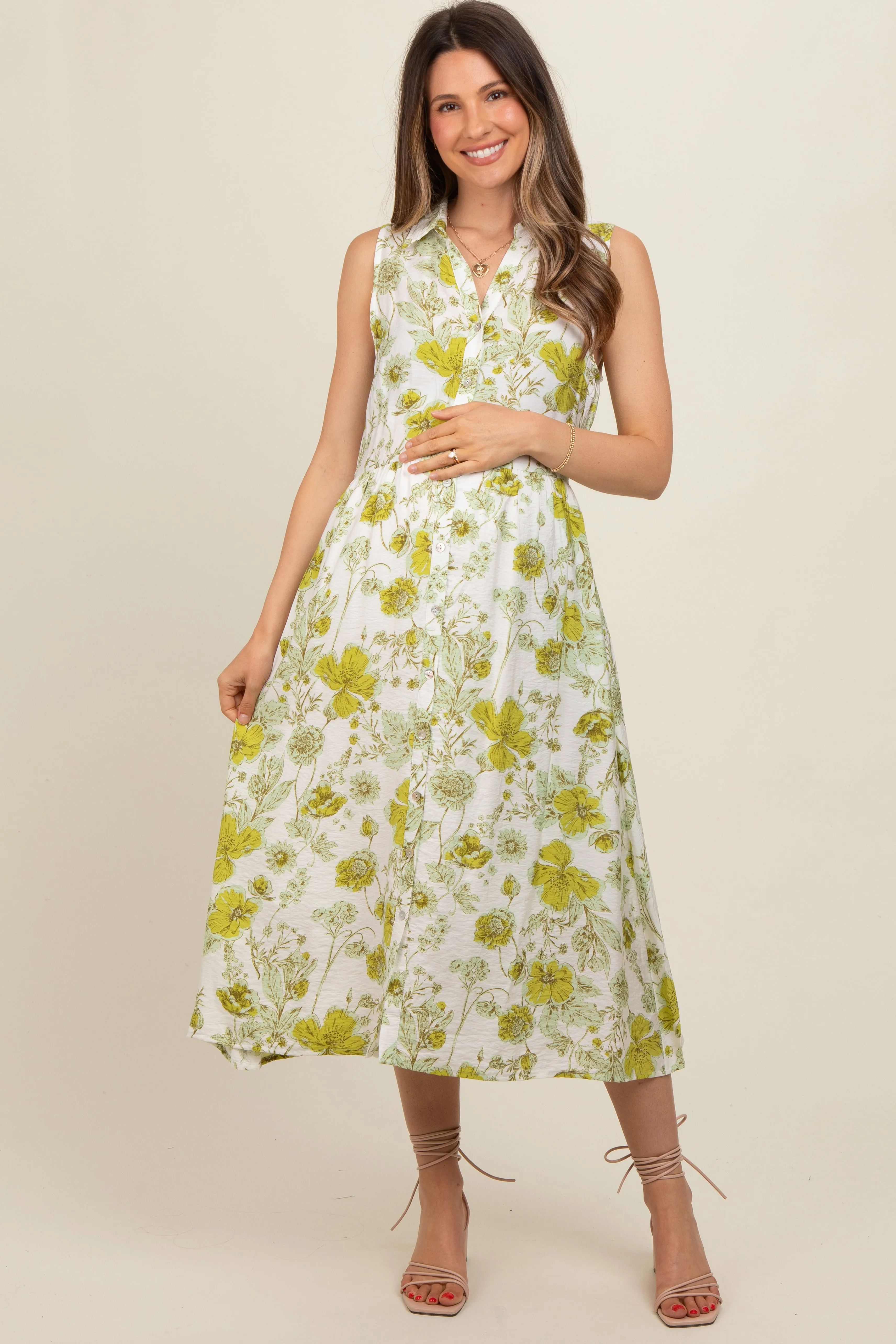 Green Floral Printed Sleeveless Maternity Midi Shirt Dress sold by Pinkblush