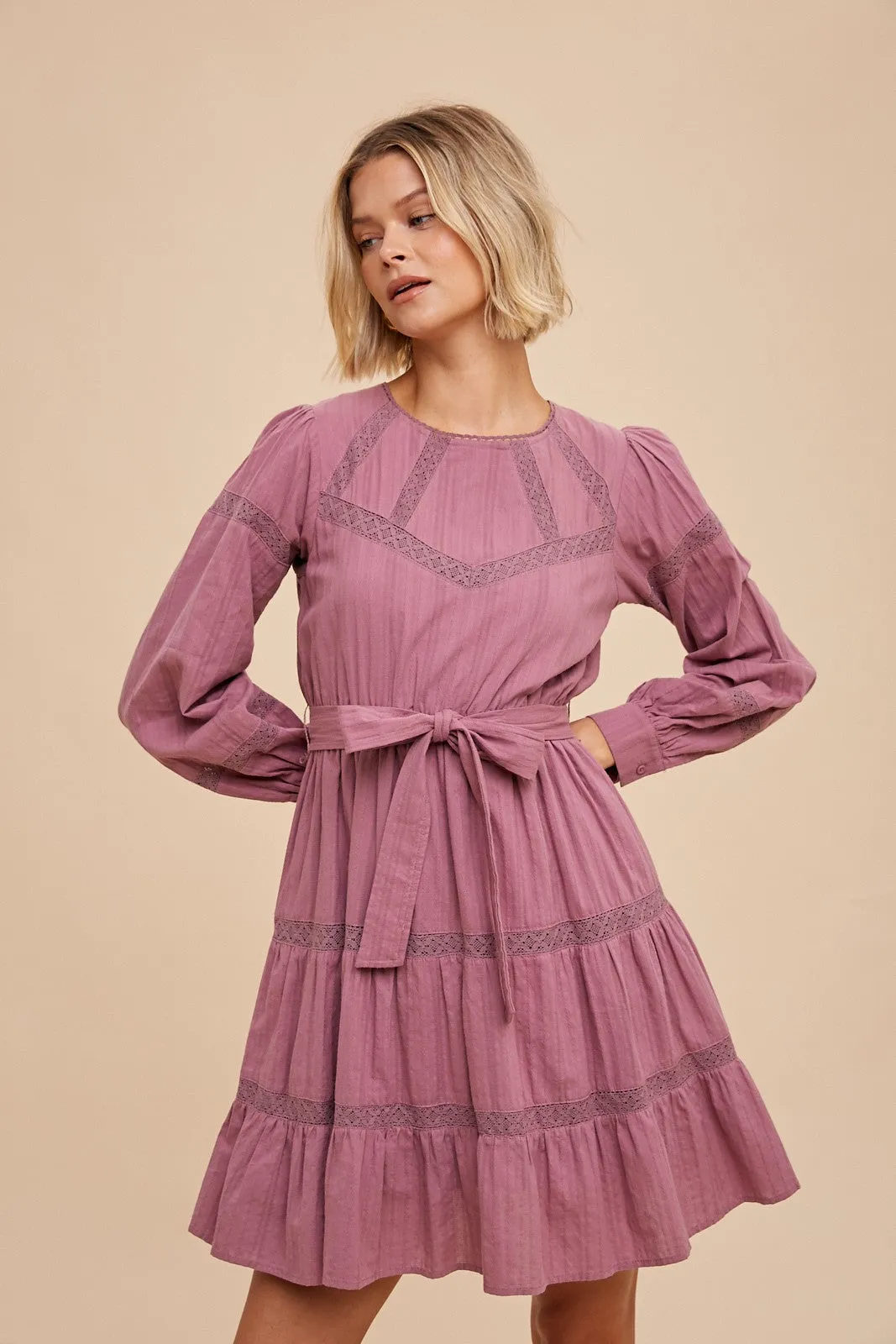 Dark Mauve Lace Inlay Long Sleeve Mini Dress sold by Pinkblush