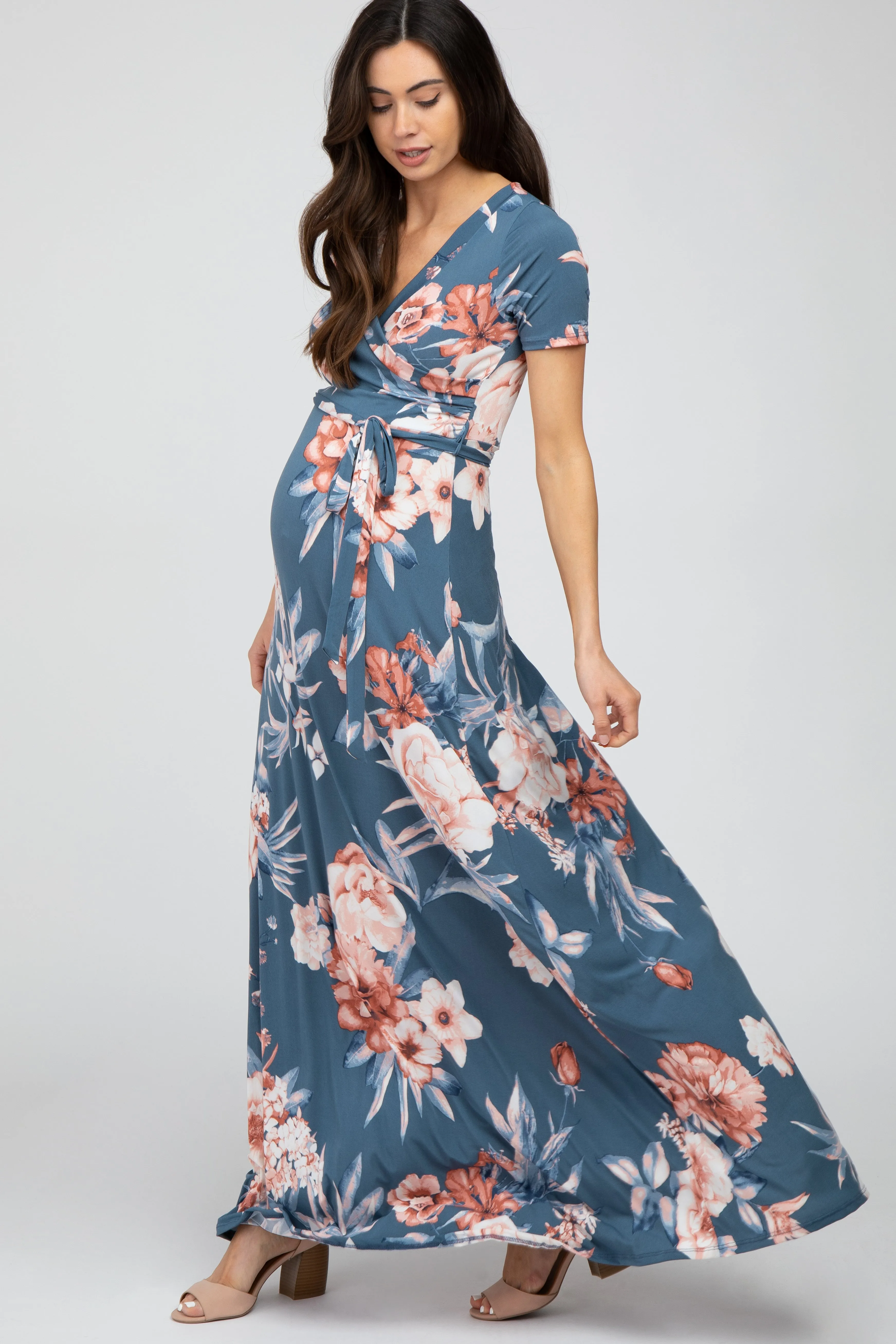Blue Floral Wrap Maternity/Nursing Maxi Dress sold by Pinkblush product image thumbnail 2