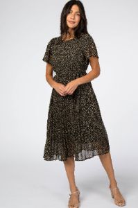 Black Leaf Print Pleated Midi Dress sold by Pinkblush