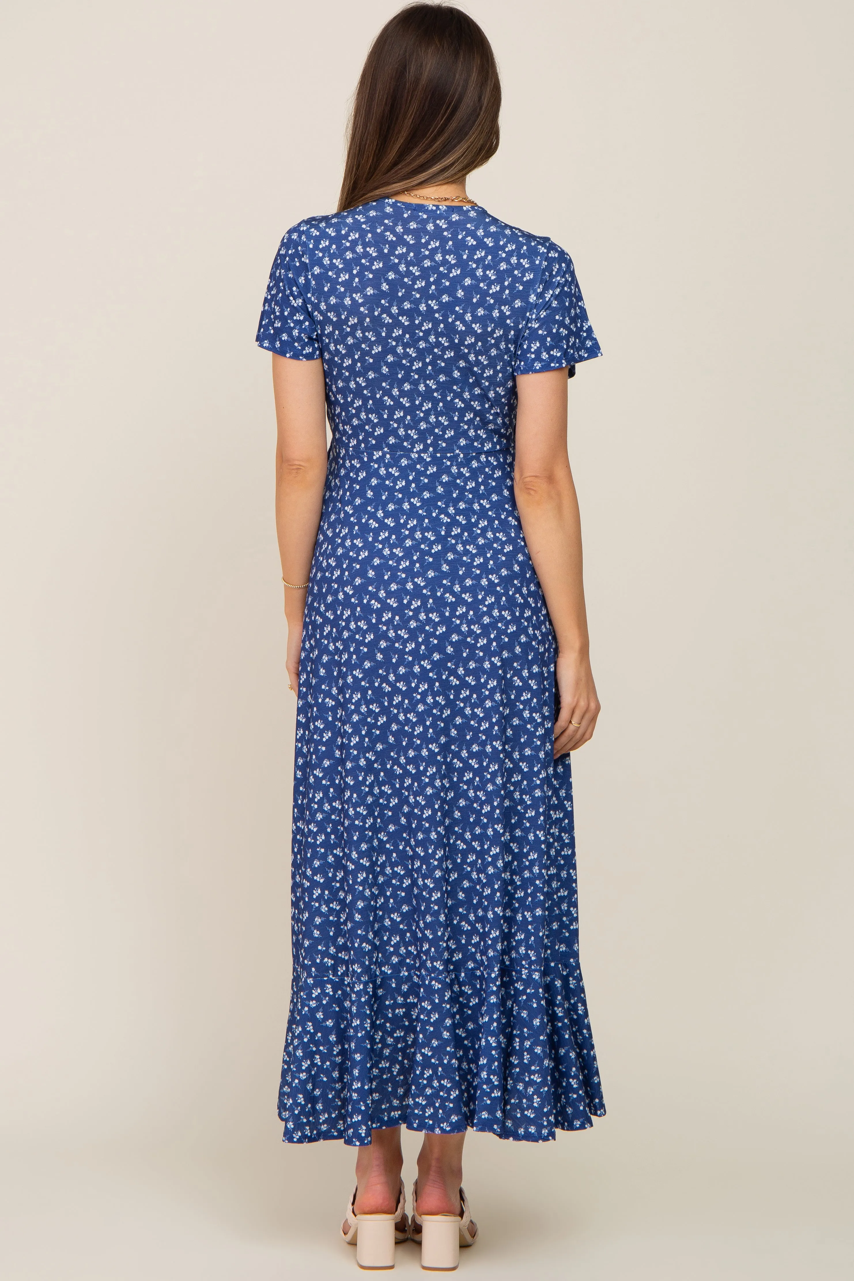 Navy Blue Floral Wrap Front V-Neck Short Sleeve Maternity Midi Dress sold by Pinkblush product image thumbnail 3