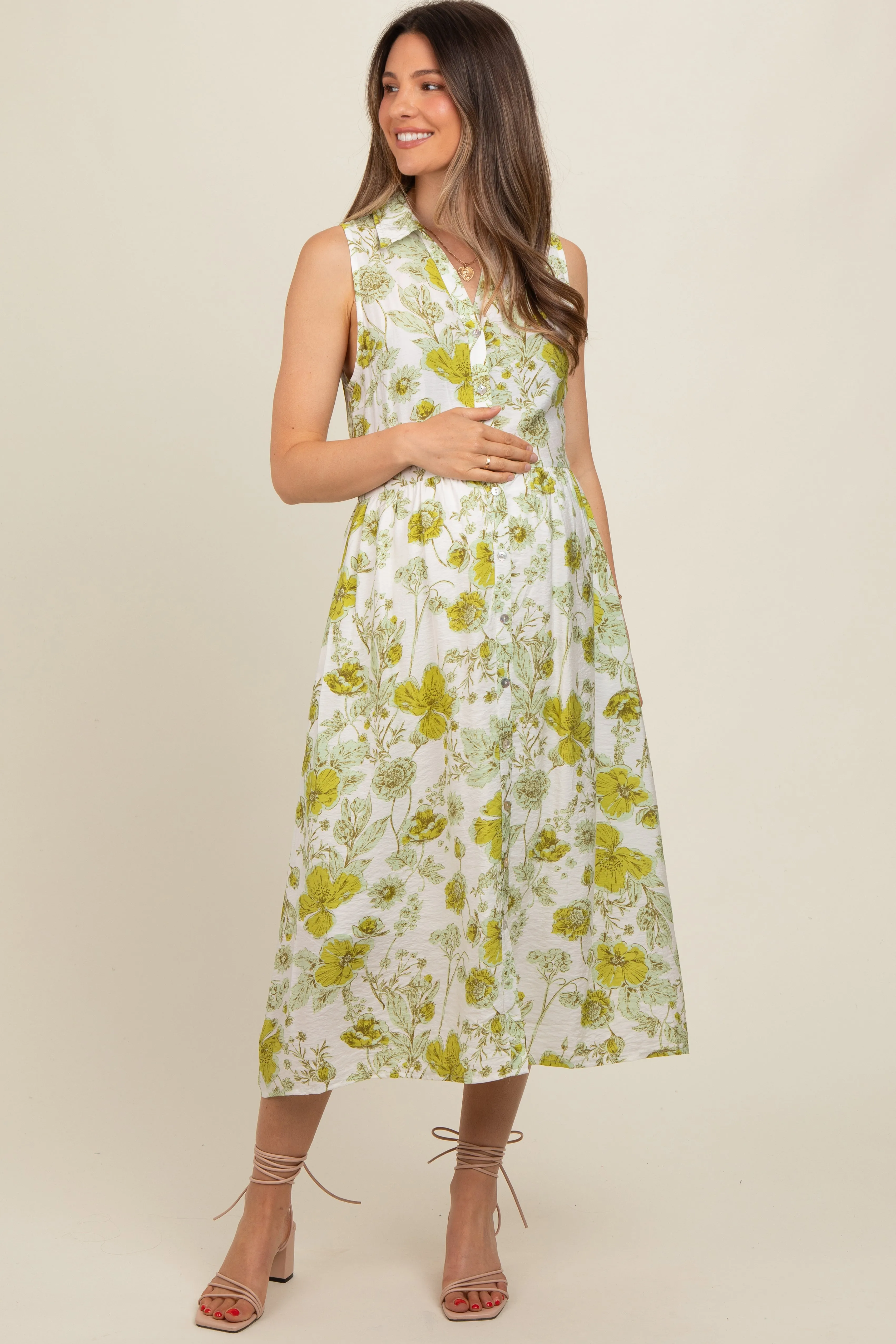 Green Floral Printed Sleeveless Maternity Midi Shirt Dress sold by Pinkblush product image thumbnail 2