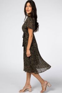 Black Leaf Print Pleated Midi Dress sold by Pinkblush