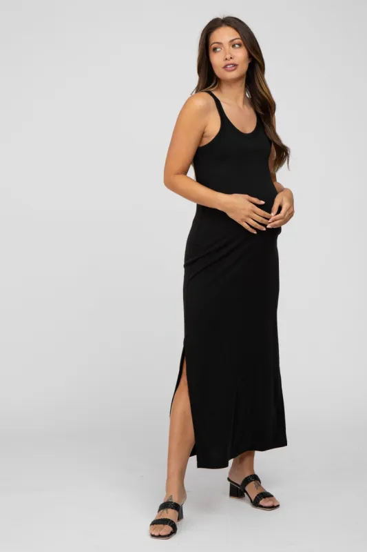 Black Sleeveless Side Slit Maternity Maxi Dress sold by Pinkblush