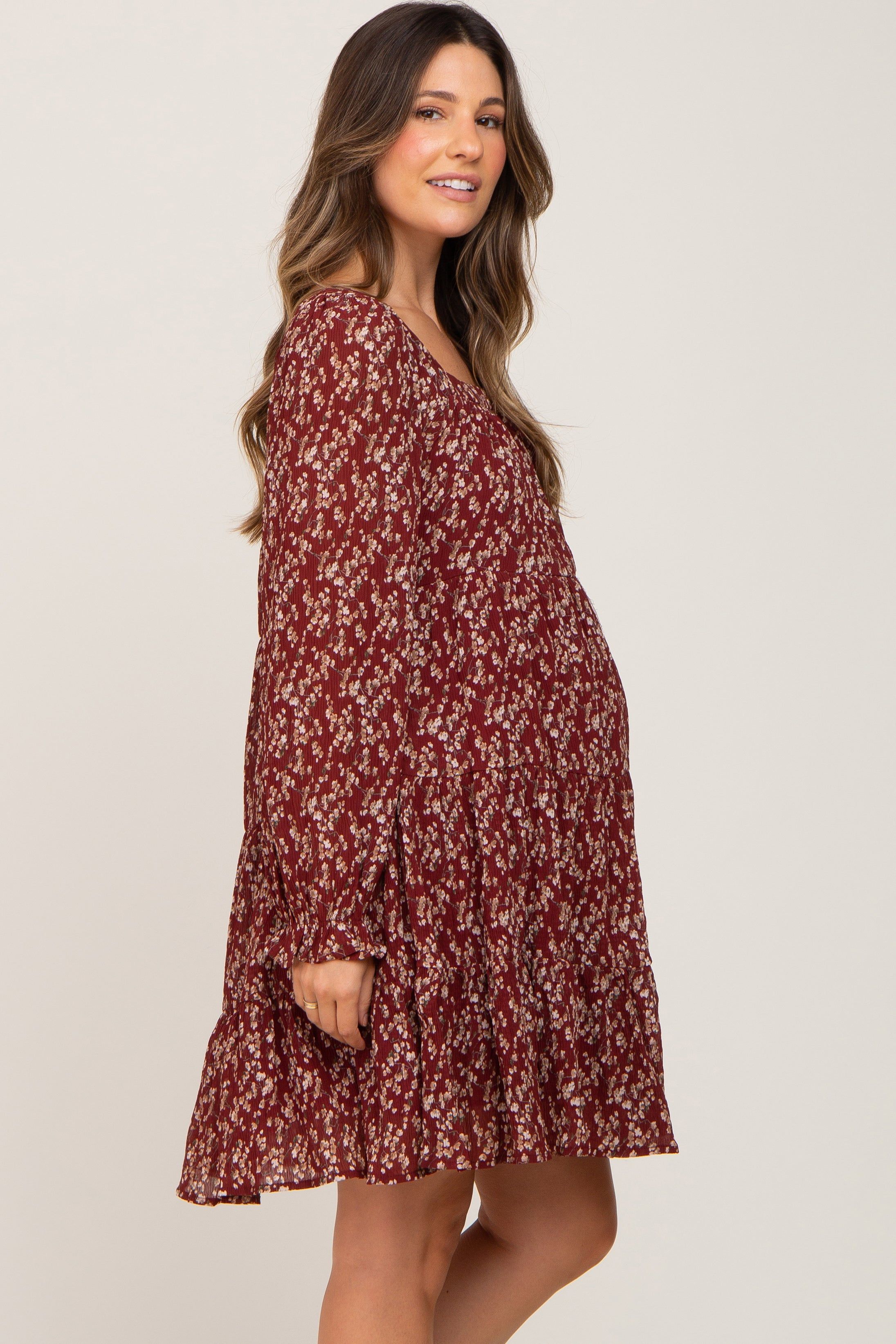 Burgundy Floral Pleated Tiered Maternity Dress sold by Pinkblush product image thumbnail 2