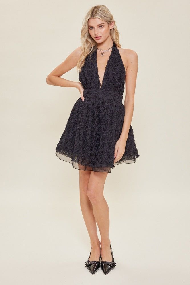 Black 3D Floral Halter Dress sold by Pinkblush product image thumbnail 3