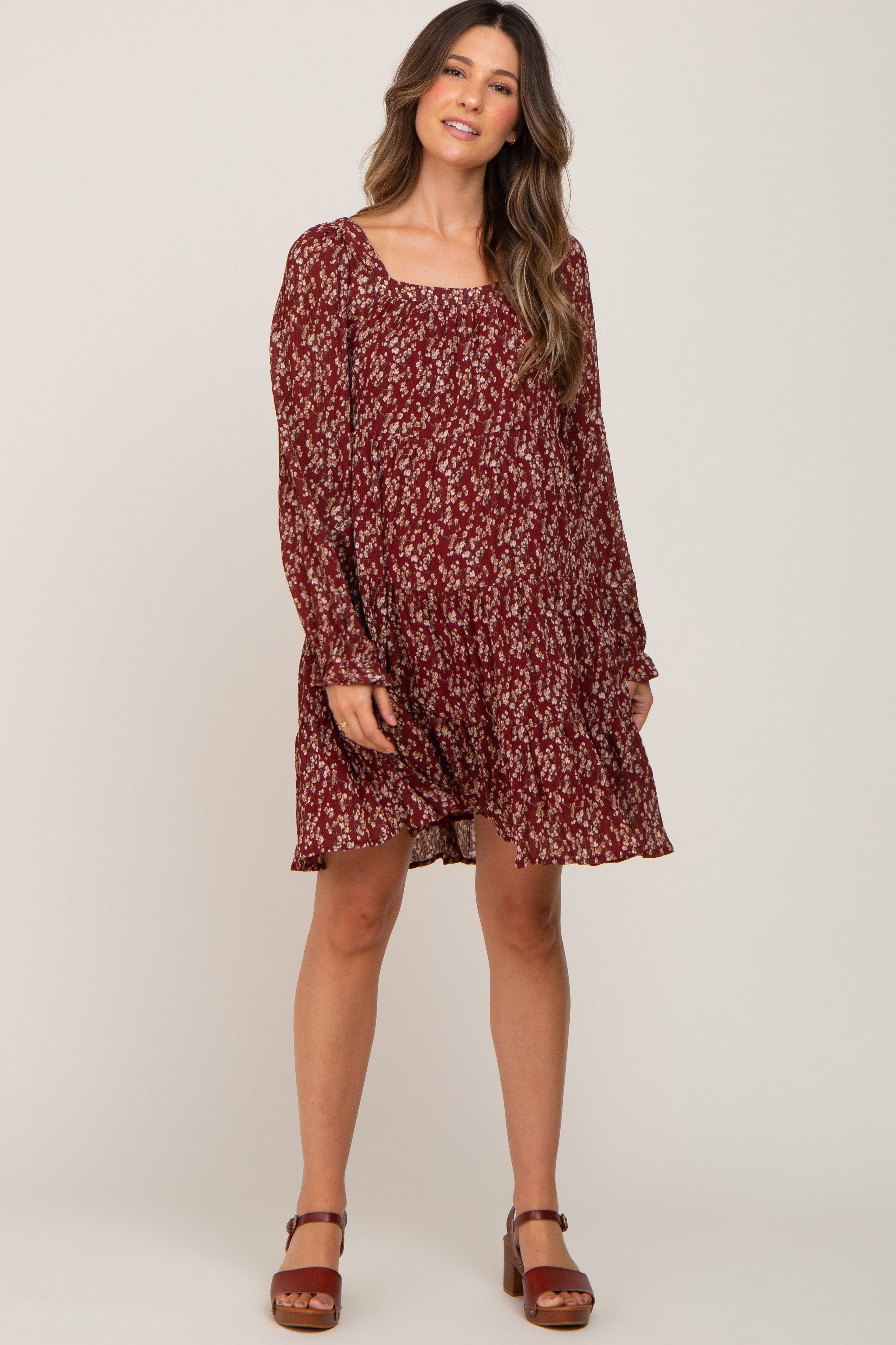 Burgundy Floral Pleated Tiered Maternity Dress sold by Pinkblush product image thumbnail 5