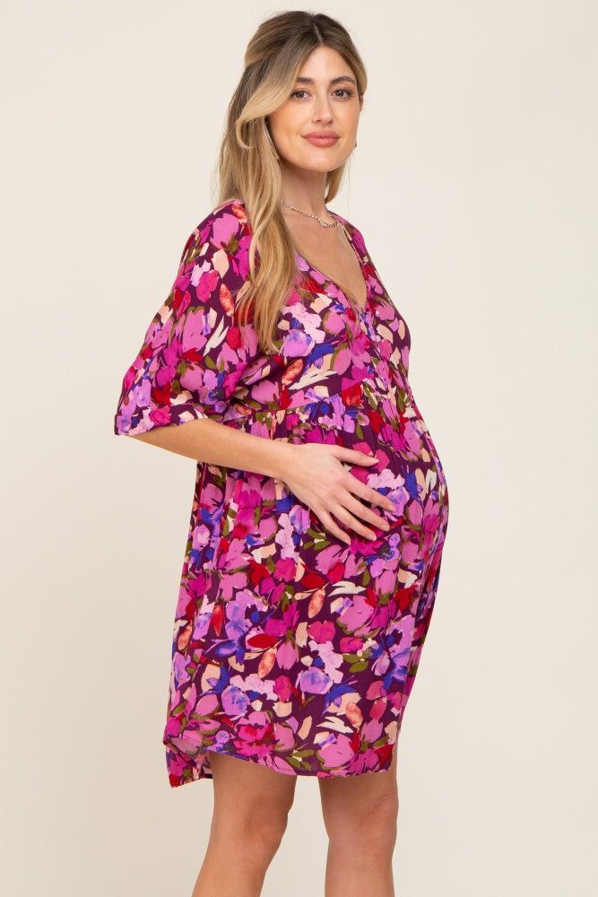 Magenta Floral V-Neck Maternity Dress sold by Pinkblush product image thumbnail 2
