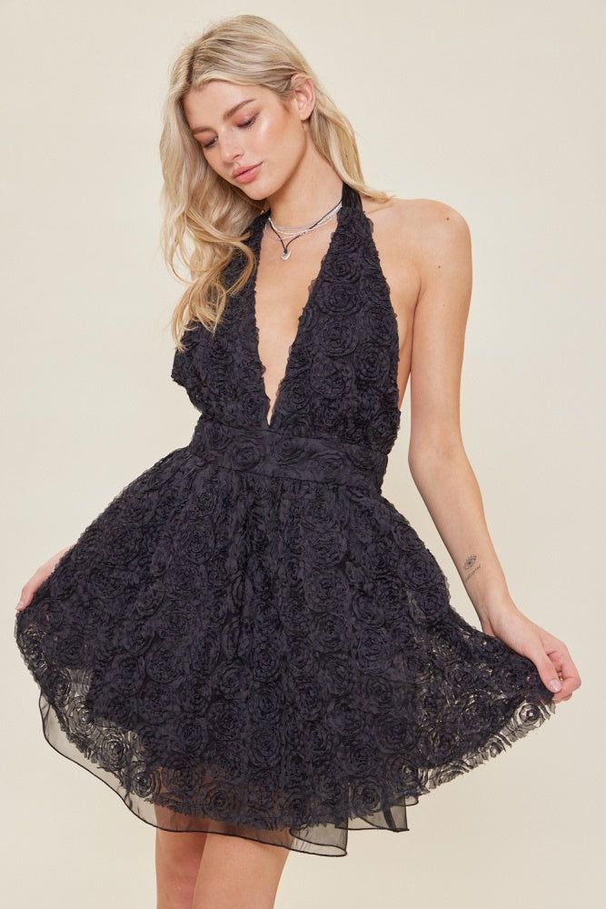 Black 3D Floral Halter Dress sold by Pinkblush
