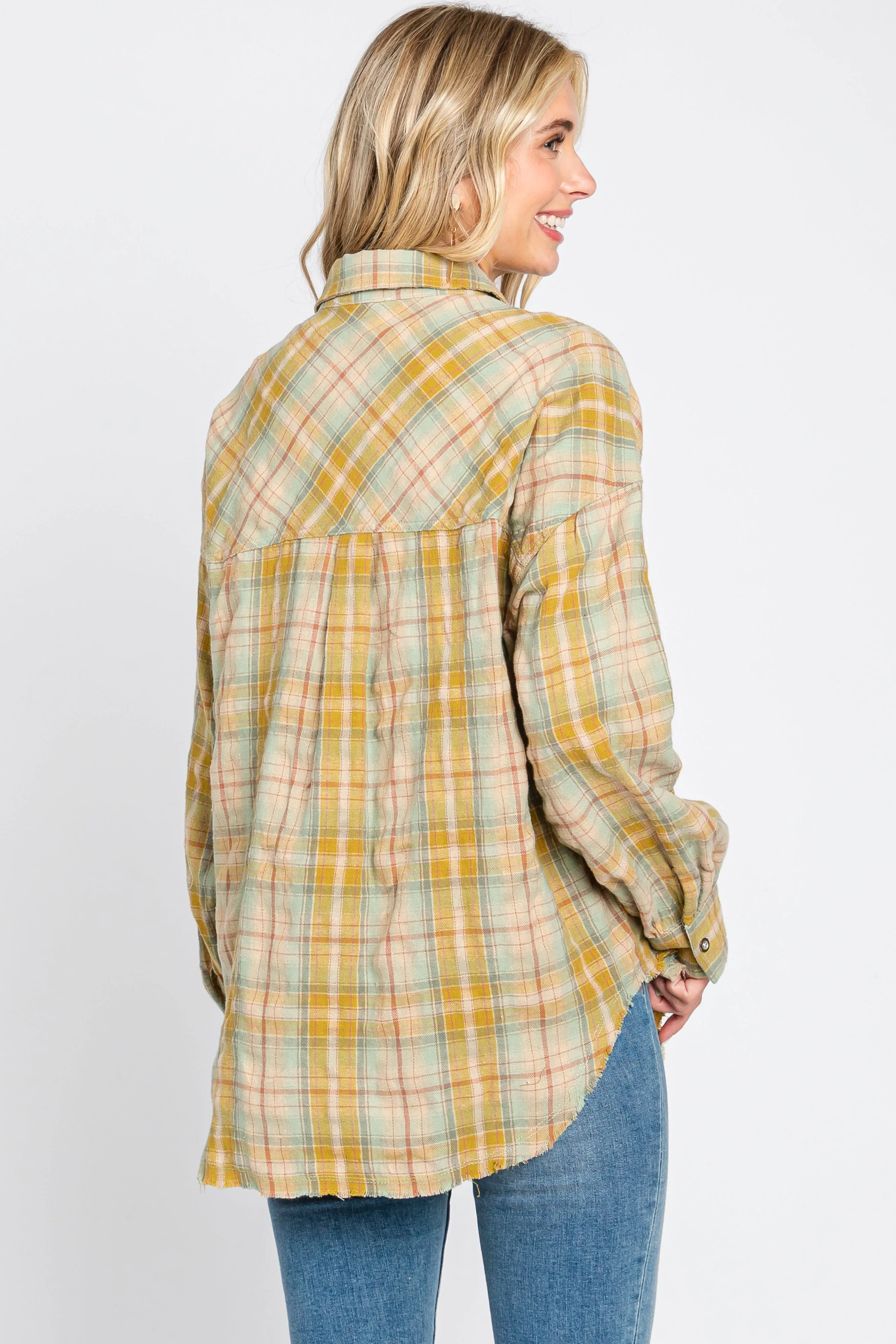 Gold Plaid Button Up Raw Edge Flannel Top sold by Pinkblush product image thumbnail 3