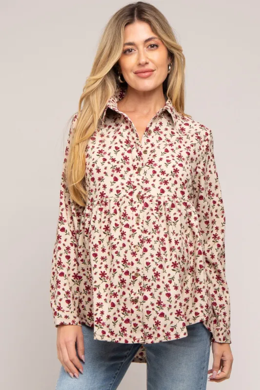 Cream Floral Corduroy Maternity Button Up Top sold by Pinkblush