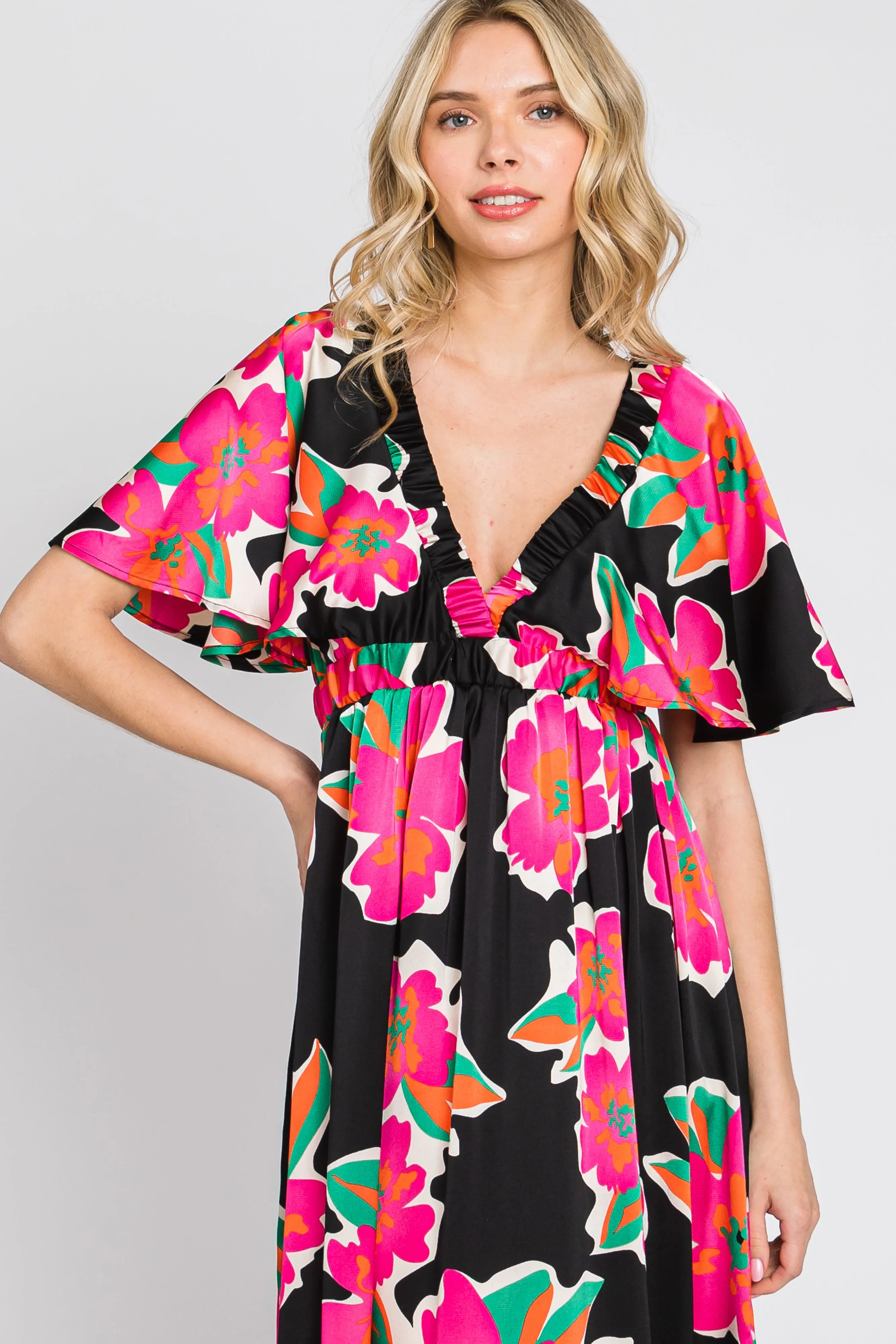 Black Floral Flounce Sleeve Maxi Dress sold by Pinkblush product image thumbnail 5