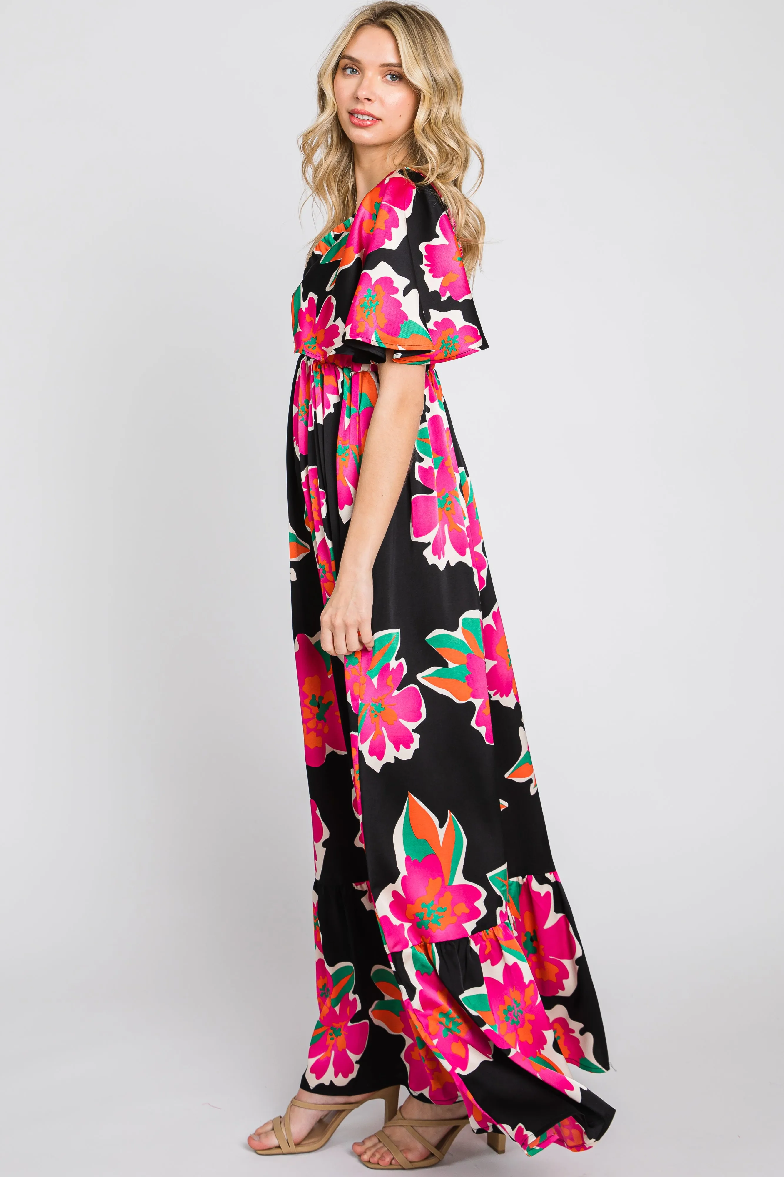 Black Floral Flounce Sleeve Maxi Dress sold by Pinkblush product image thumbnail 2