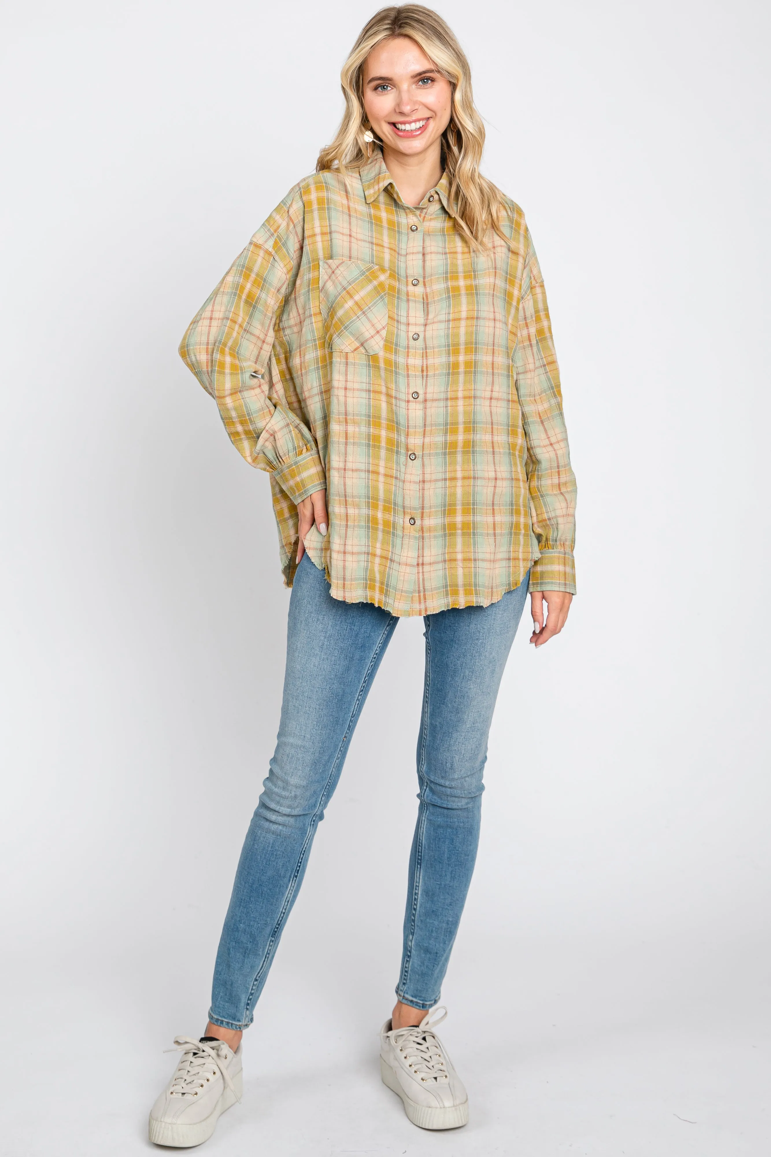 Gold Plaid Button Up Raw Edge Flannel Top sold by Pinkblush product image thumbnail 4