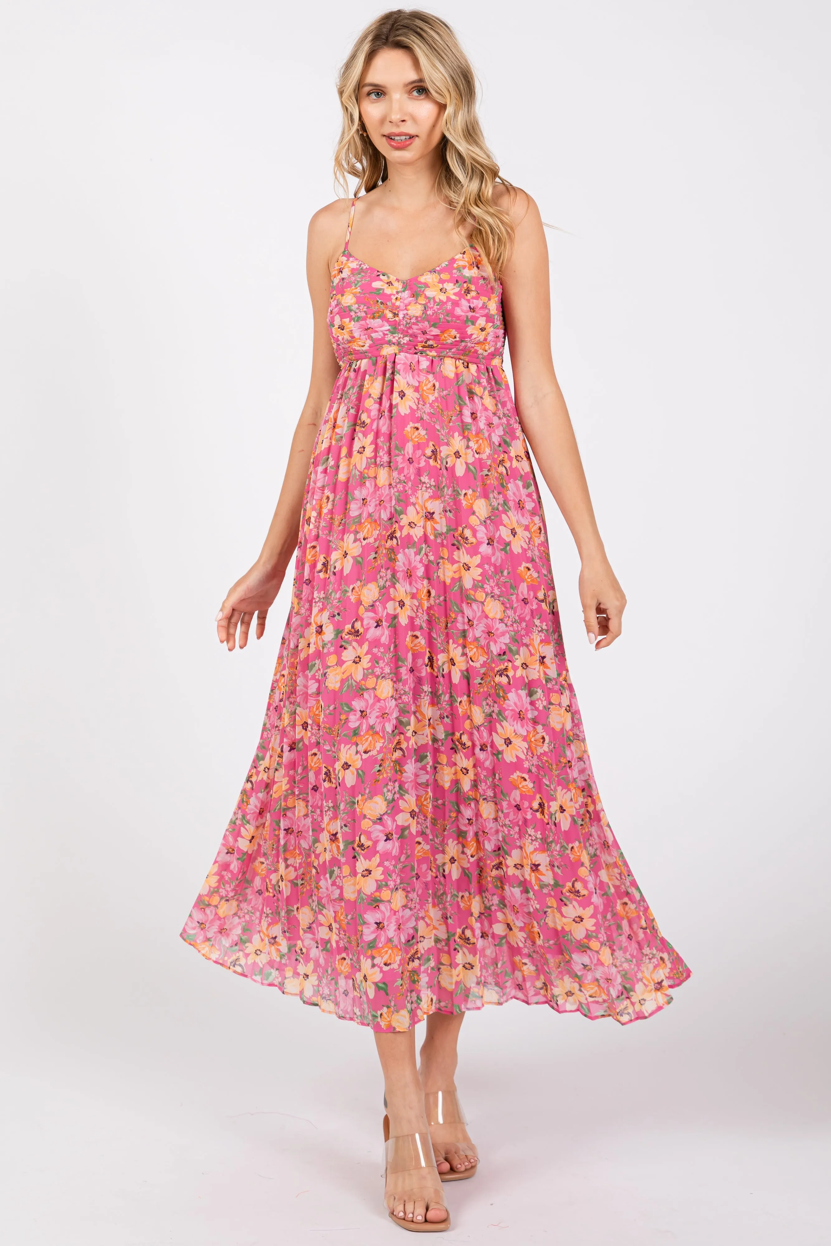 Pink Floral Pleated Maxi Dress sold by Pinkblush