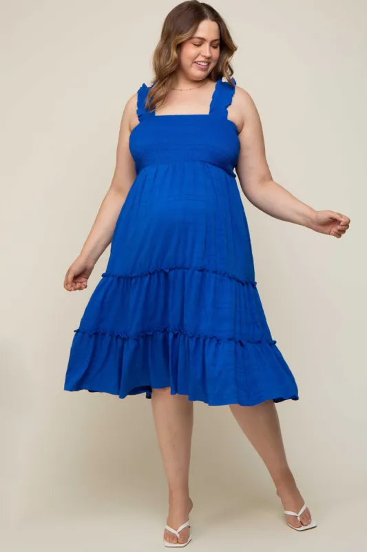Royal Blue Smocked Square Neck Ruffle Strap Tiered Maternity Plus Midi Dress sold by Pinkblush