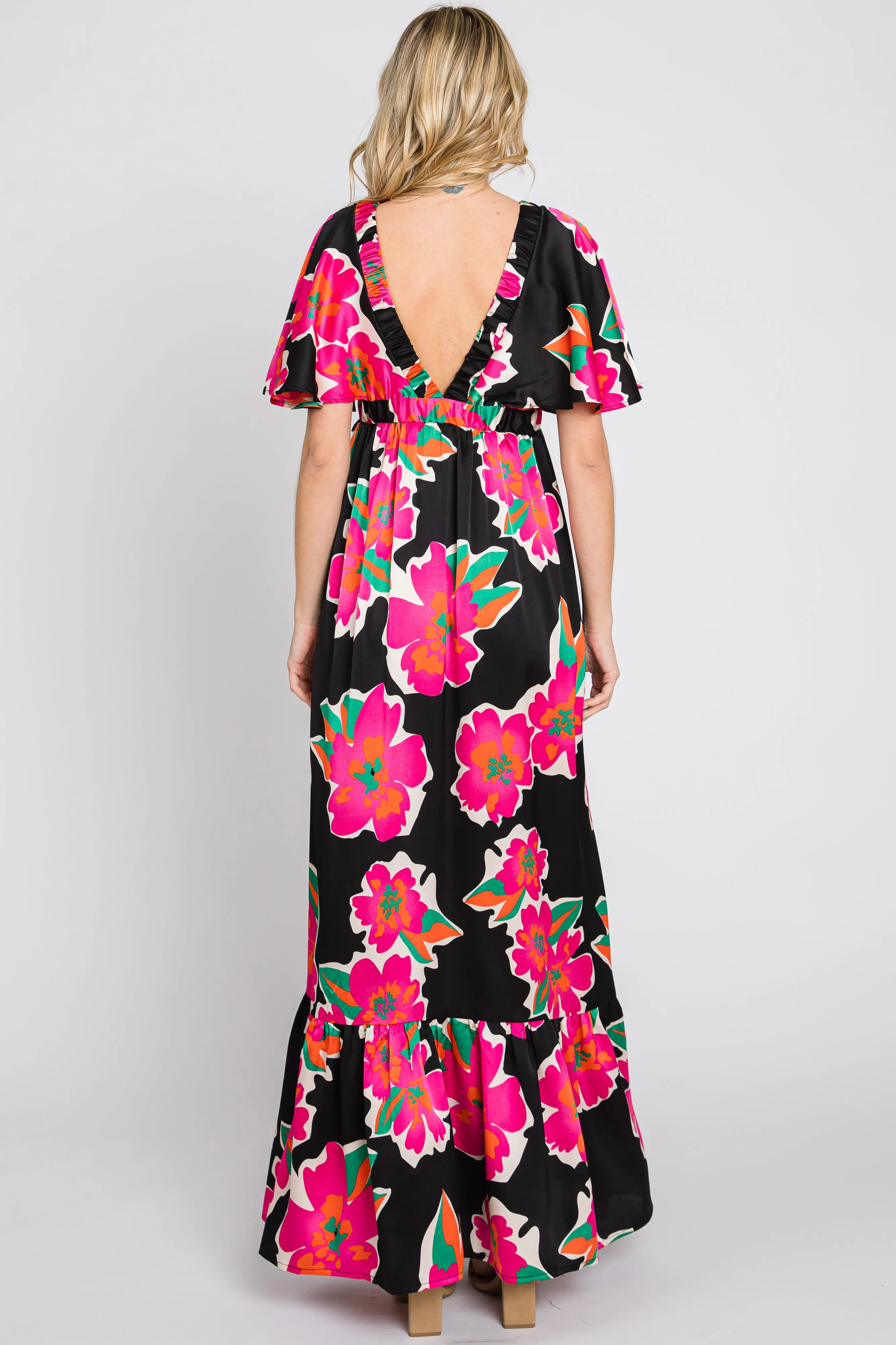 Black Floral Flounce Sleeve Maxi Dress sold by Pinkblush product image thumbnail 3
