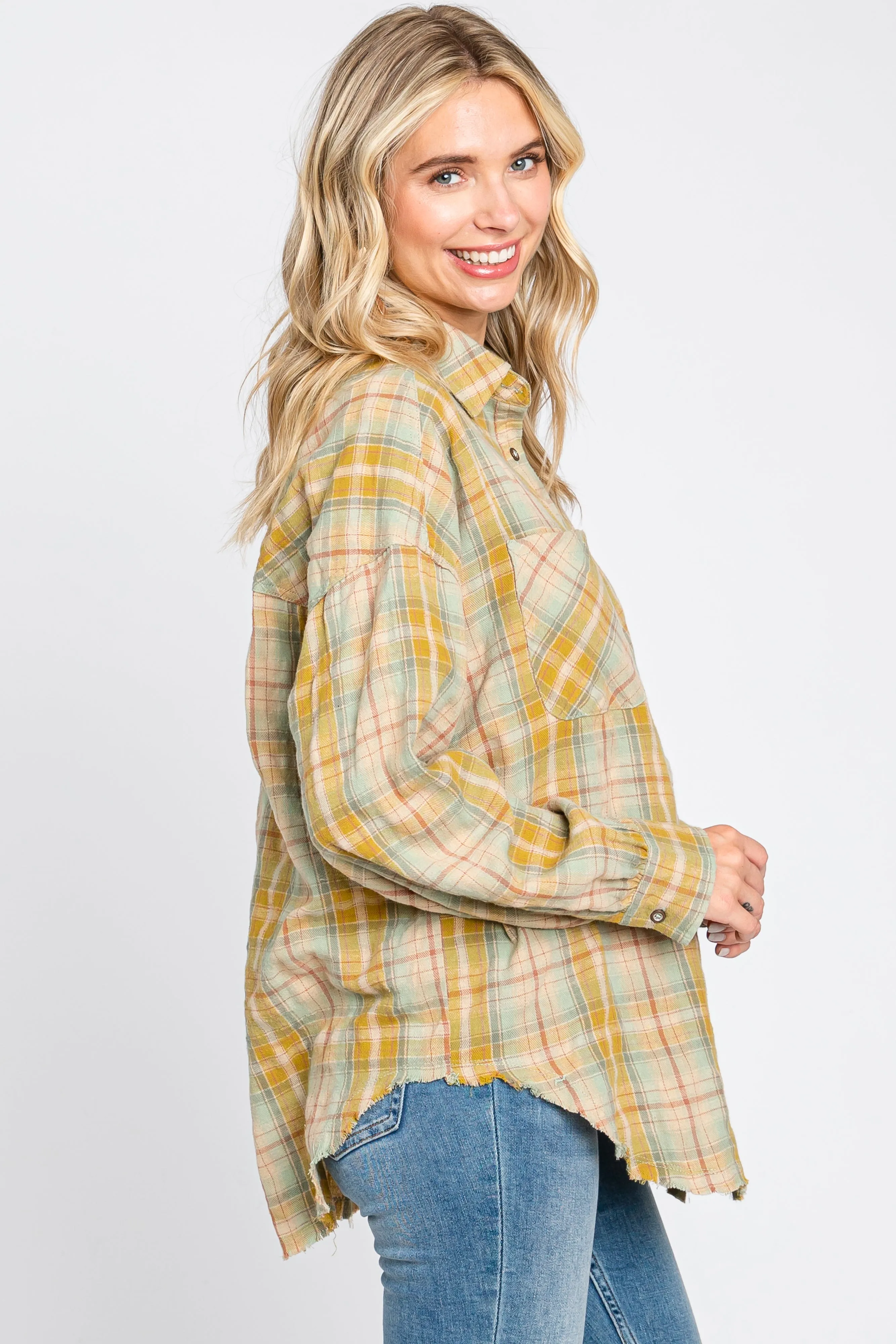 Gold Plaid Button Up Raw Edge Flannel Top sold by Pinkblush product image thumbnail 2