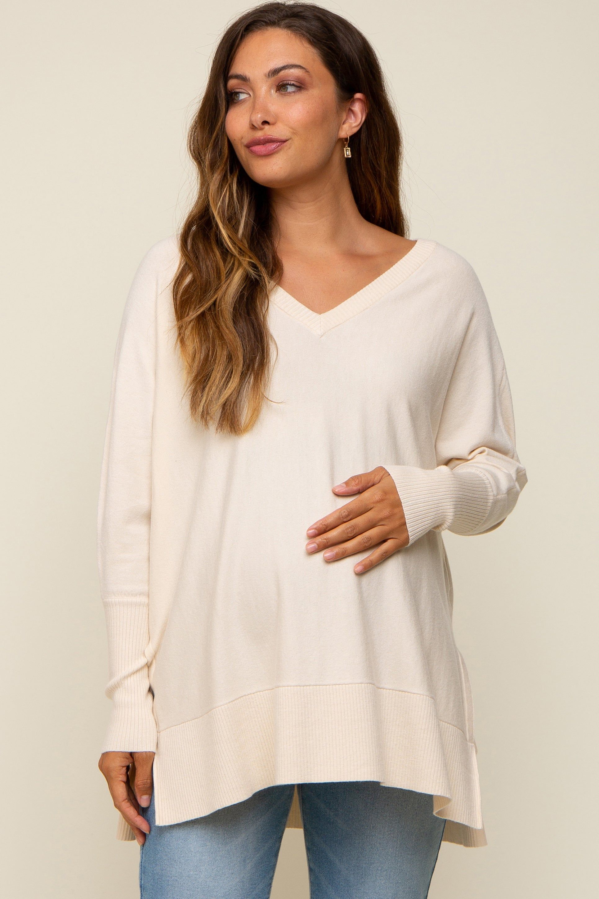 Cream Knit Long Dolman Sleeve Maternity Top sold by Pinkblush