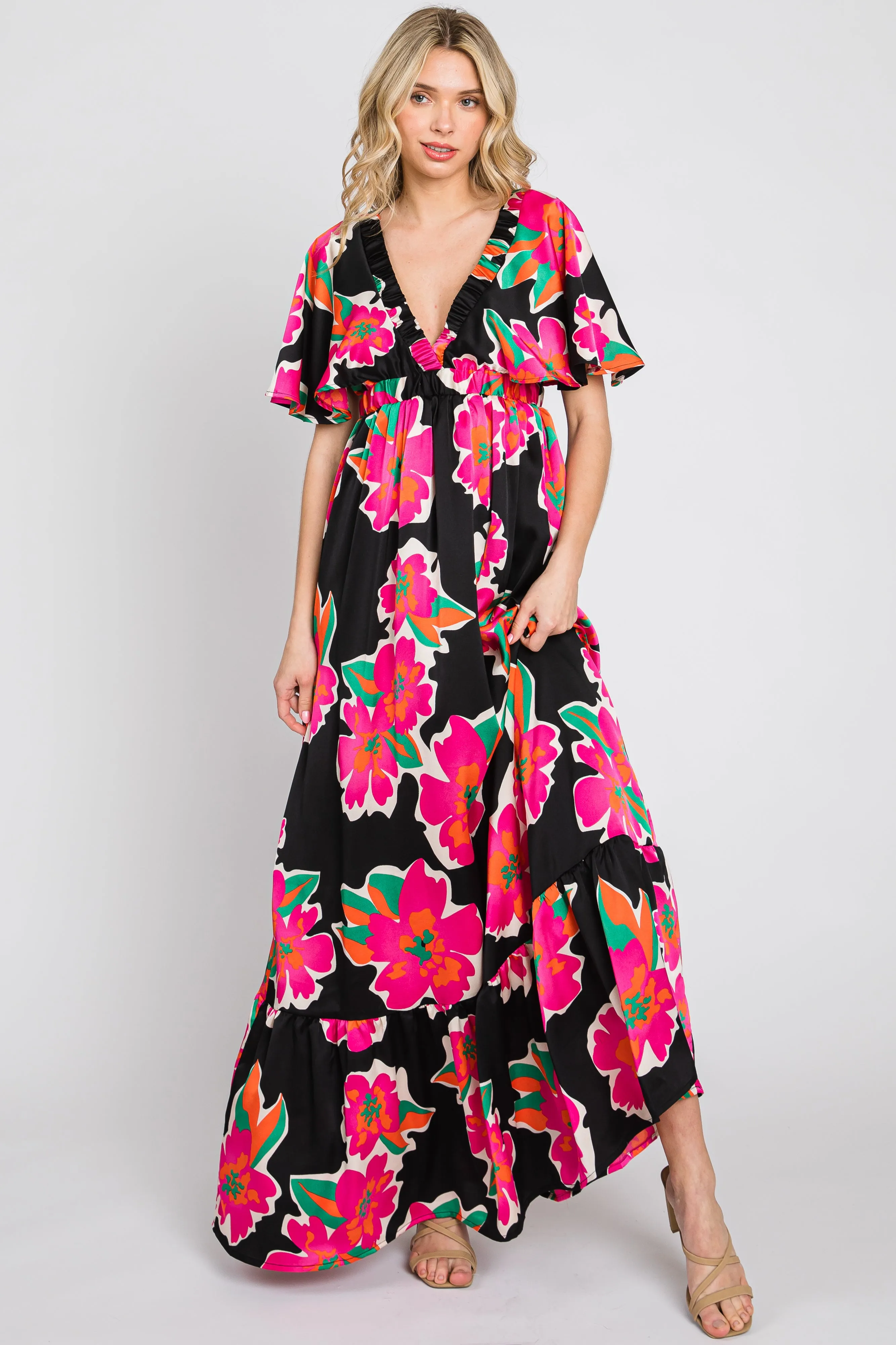 Black Floral Flounce Sleeve Maxi Dress sold by Pinkblush product image thumbnail 4